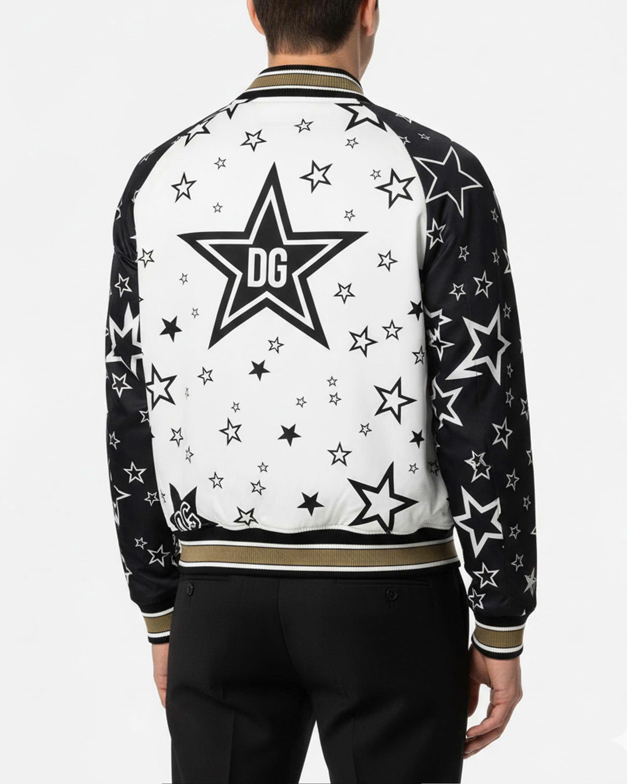 Áo khoác bomber Dolce Gabbana DG Trắng pha tay Đen họa tiết nhiều ngôi sao Like Auth 44-50 MK