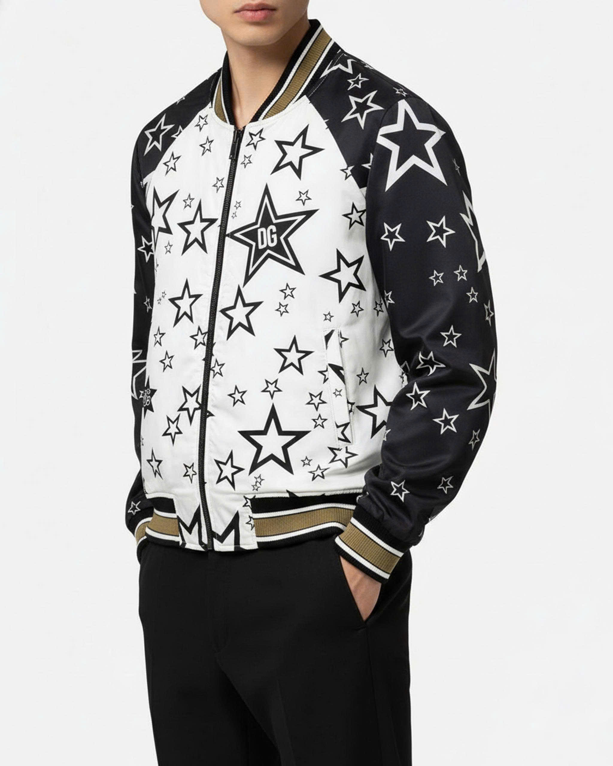 Áo khoác bomber Dolce Gabbana DG Trắng pha tay Đen họa tiết nhiều ngôi sao Like Auth 44-50 MK