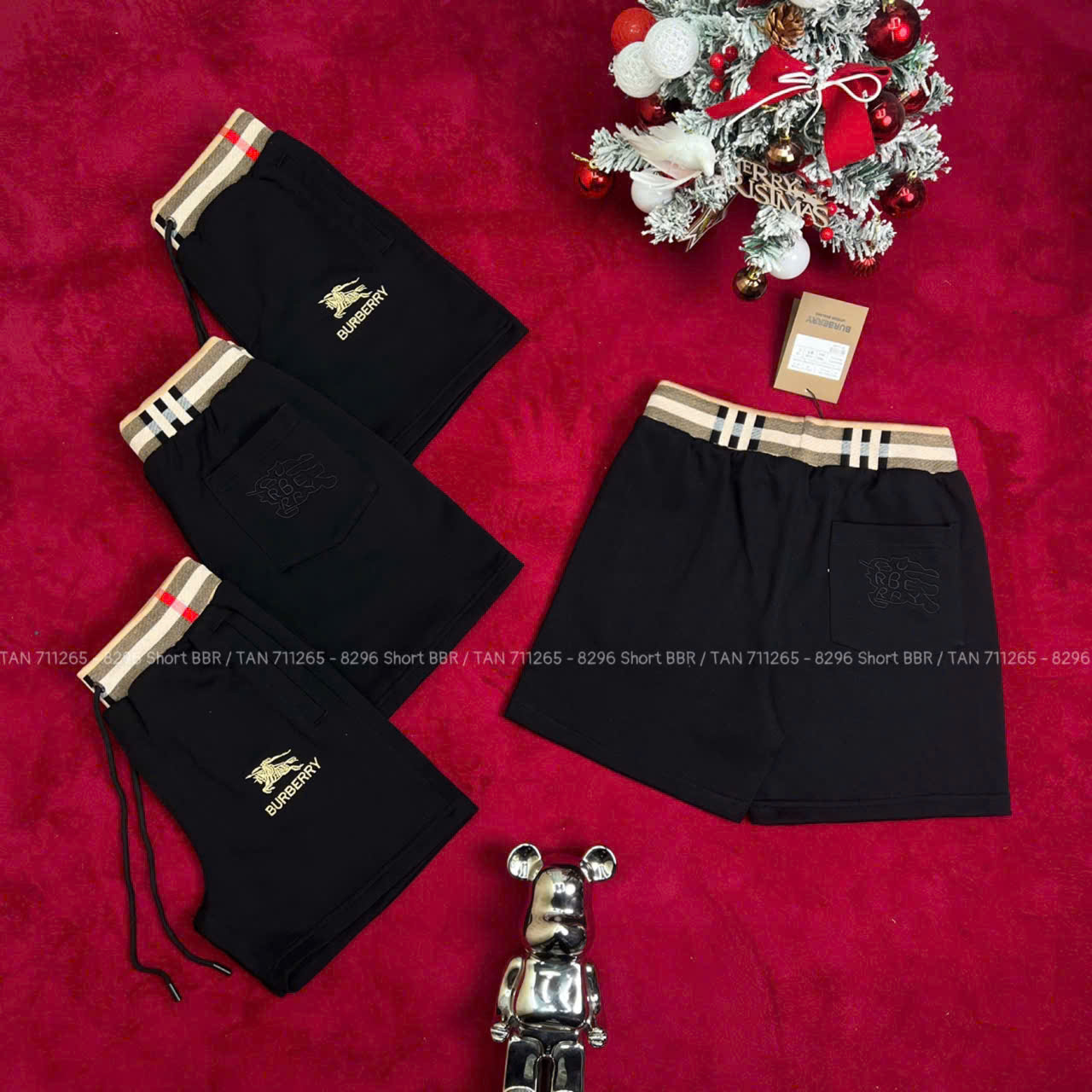 Quần short nỉ Burberry BBR Đen logo Vàng thêu phối cạp Nâu kẻ sọc Like Auth 1-1 on web LK