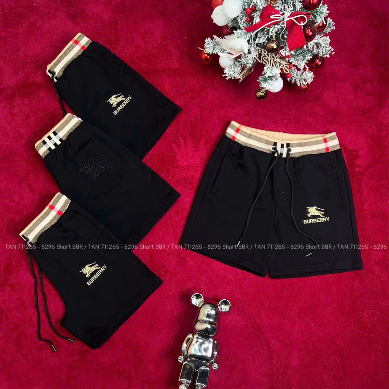 Quần short nỉ Burberry BBR Đen logo Vàng thêu phối cạp Nâu kẻ sọc Like Auth 1-1 on web LK