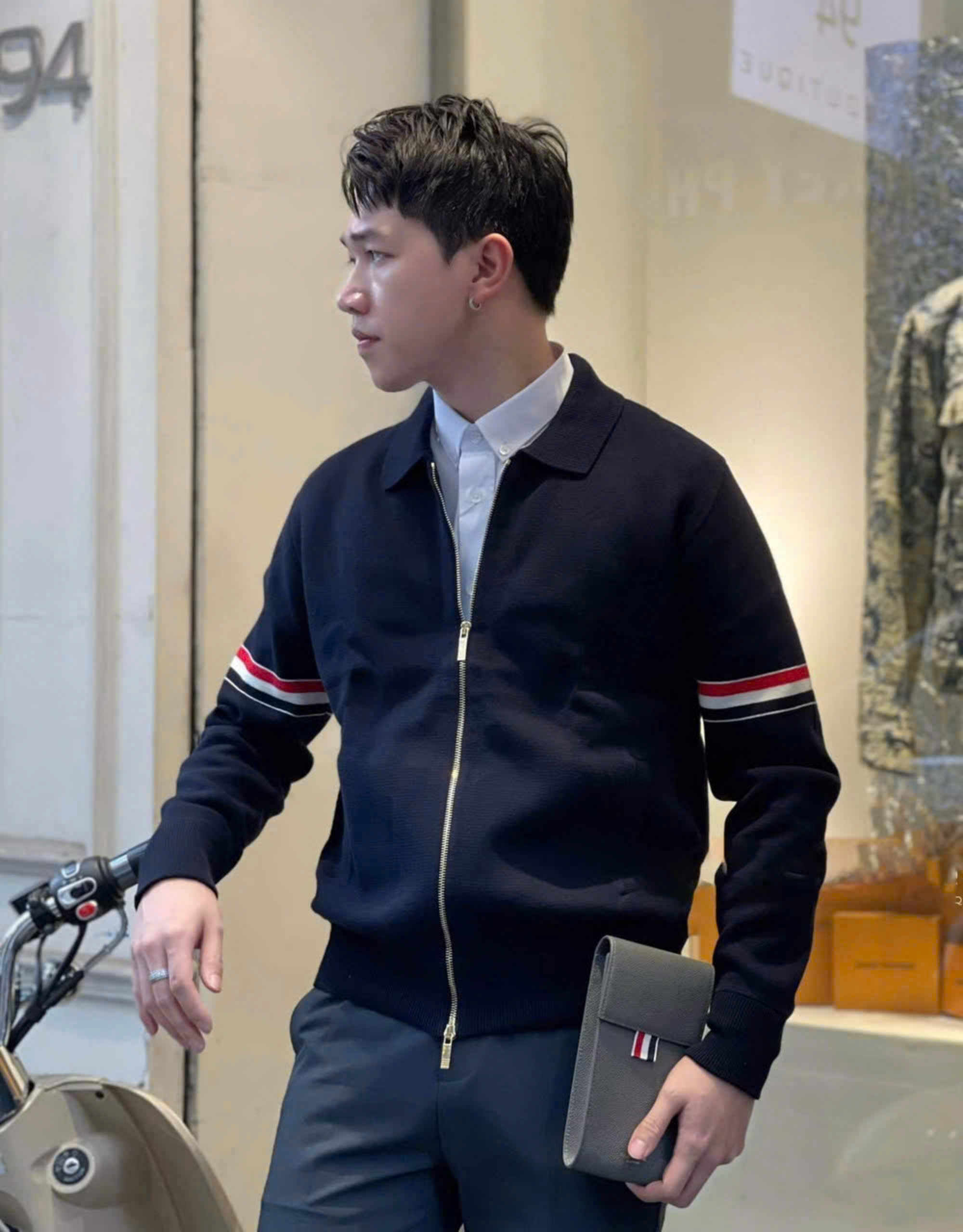 Áo khoác len Thombrowne Xanh Than cổ bẻ 2 tay kẻ tay sọc Xanh Đỏ Like Auth M-XXL DDT