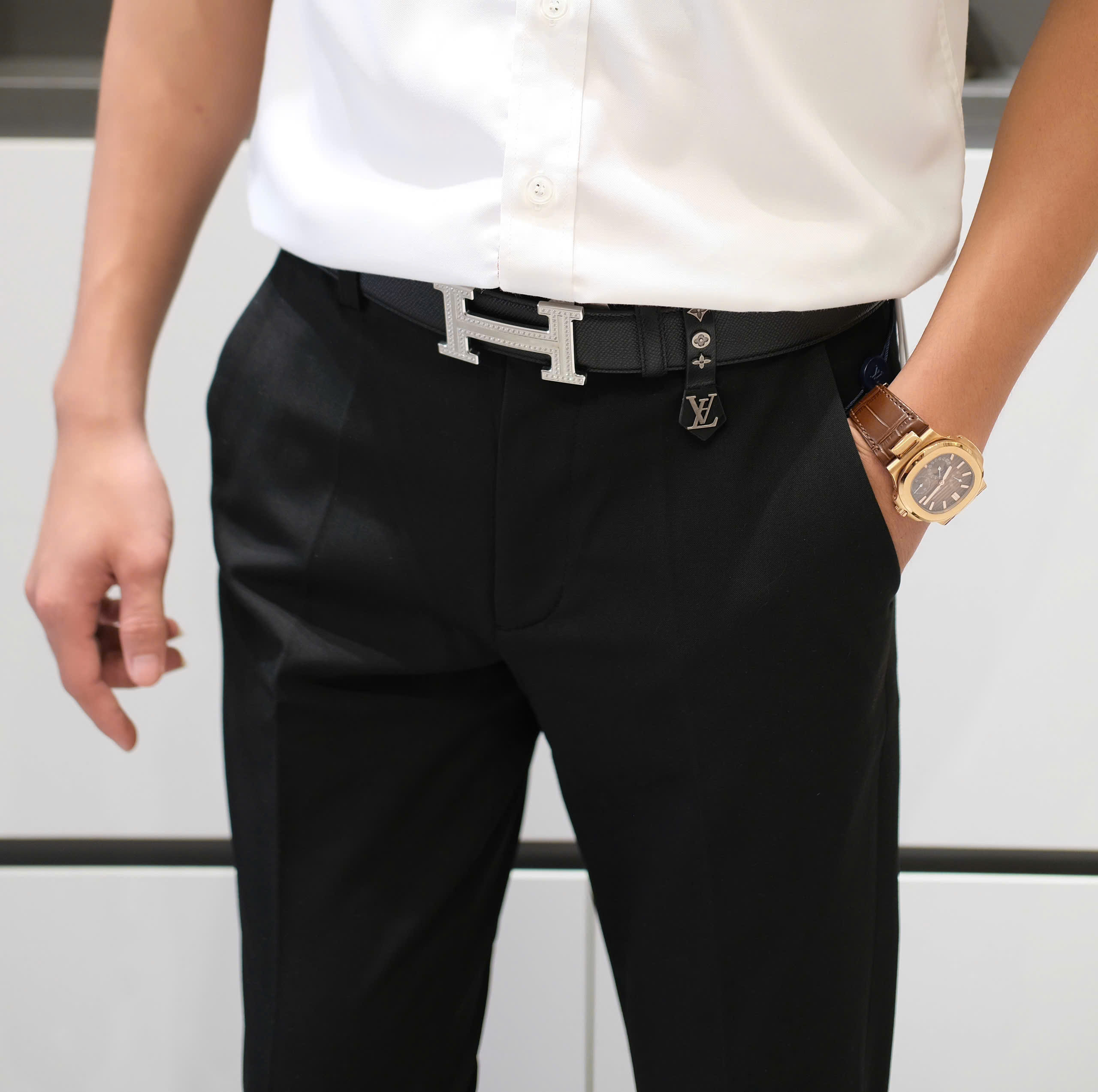 Quần âu tây Louis Vuitton LV Đen logo tag bạc monogram Like Auth 28-36 DDT