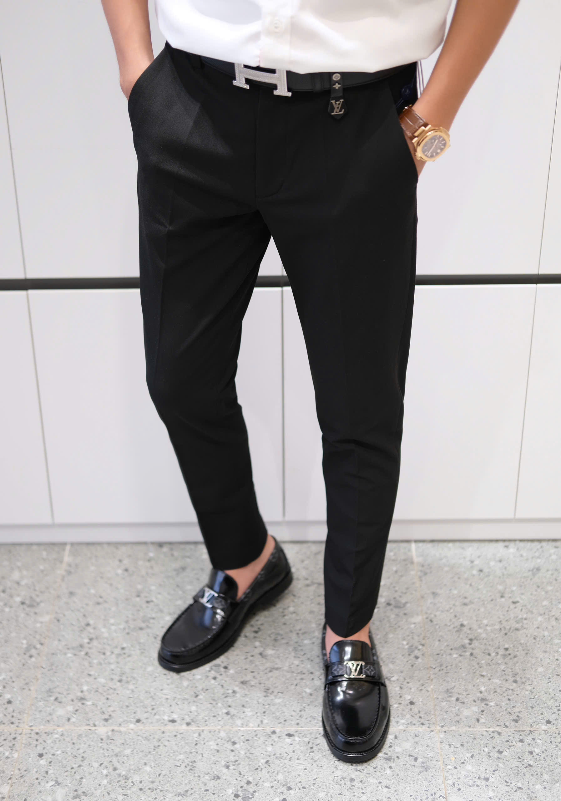 Quần âu tây Louis Vuitton LV Đen logo tag bạc monogram Like Auth 28-36 DDT