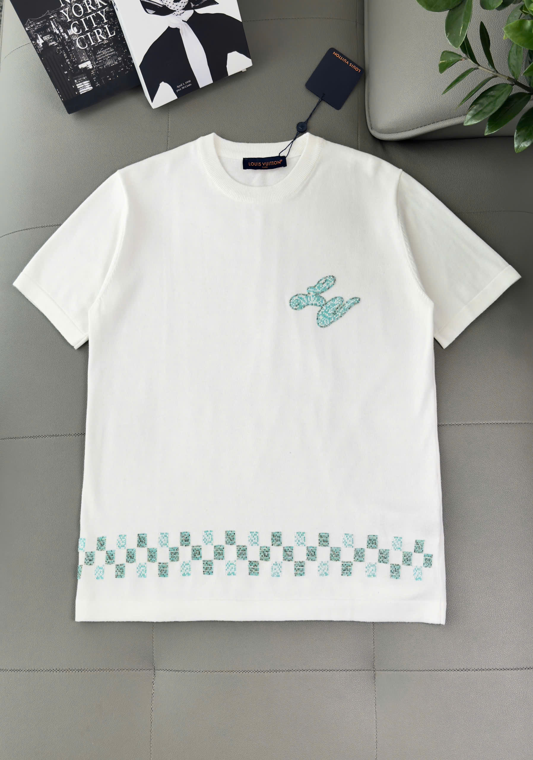 Áo phông T shirt len Louis Vuitton LV logo thêu ngực vạt caro đan Like Auth XS-M DDT