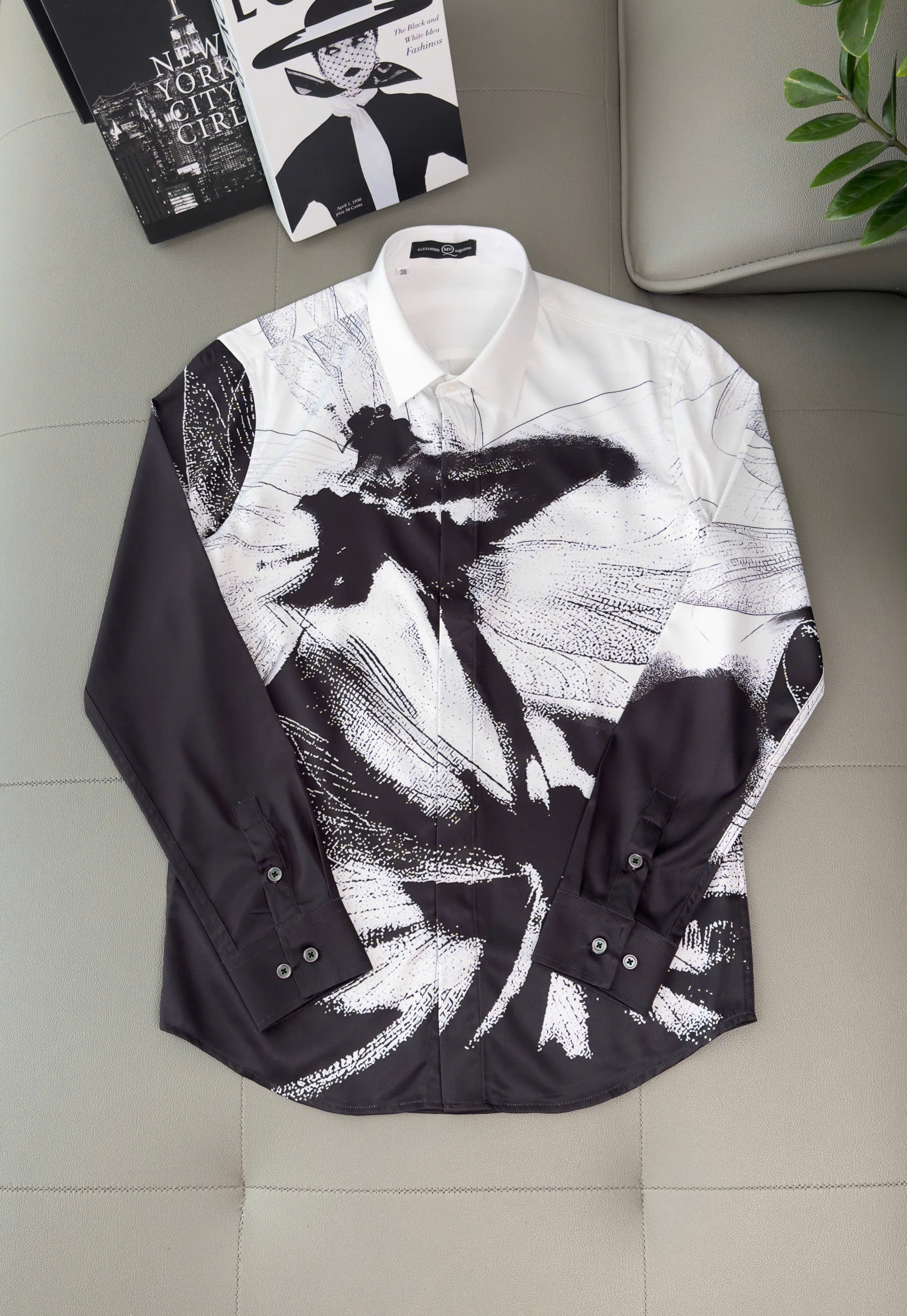 Áo sơ mi lụa Mcqueen MCQ Trắng họa tiết chuồn chuồn Like Auth 38-41 DDT