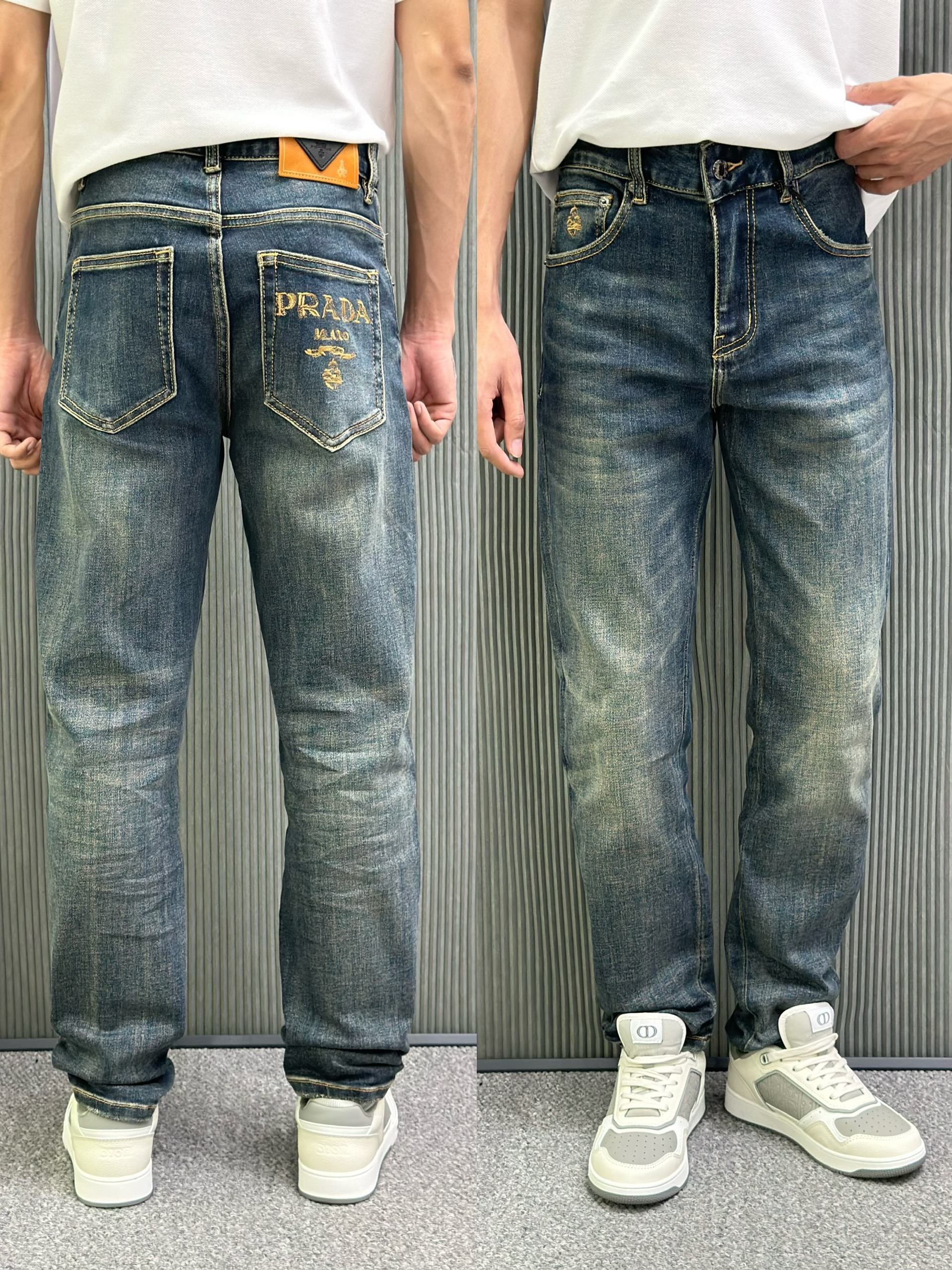 Quần bò jean Prada 75239 Xanh đậm logo thêu túi sau tag da Like Auth 28-34 VTN