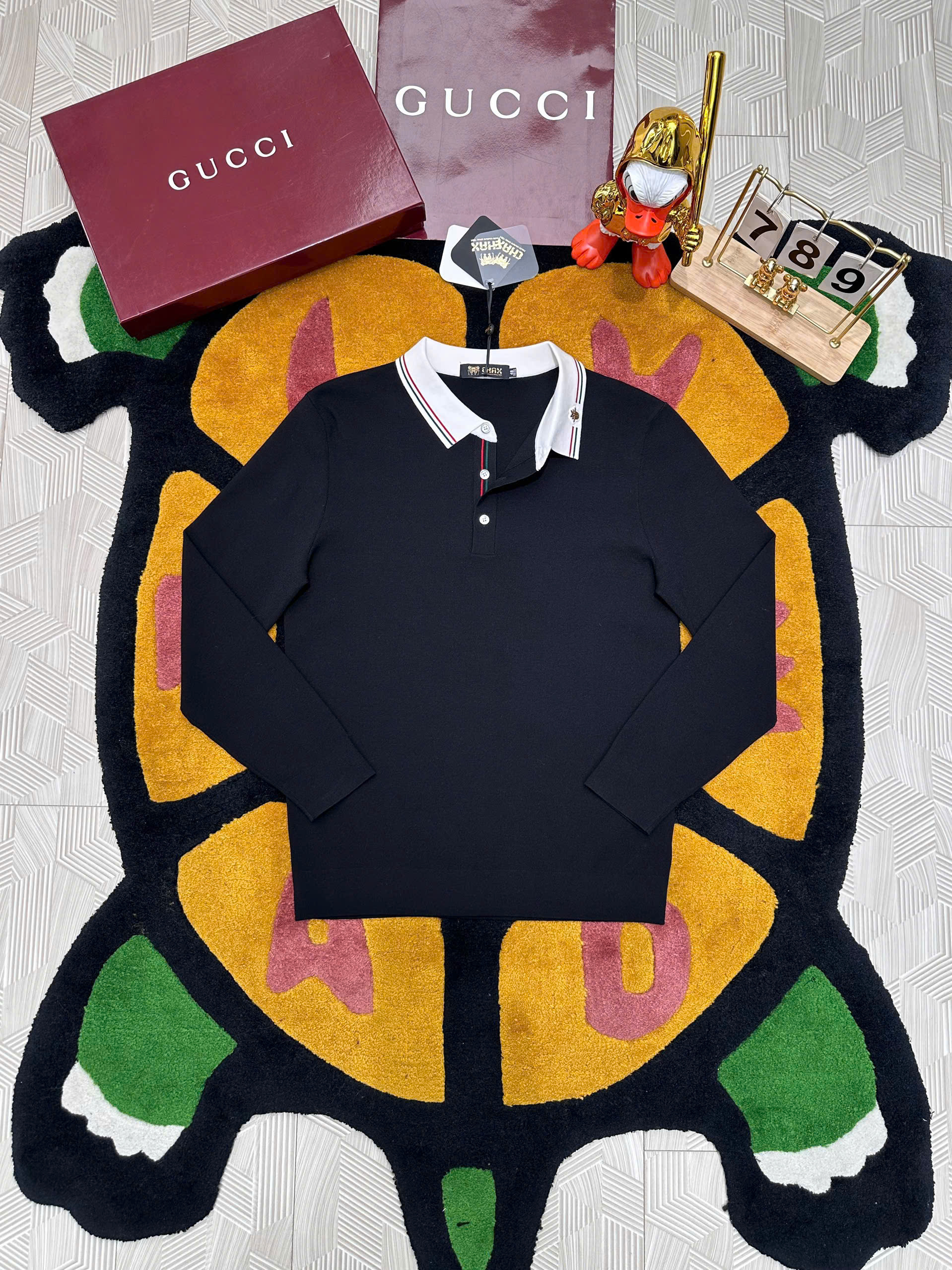 Áo polo len dài tay Dior CD logo thêu check cổ kẻ sọc Like Auth 48-52 MK