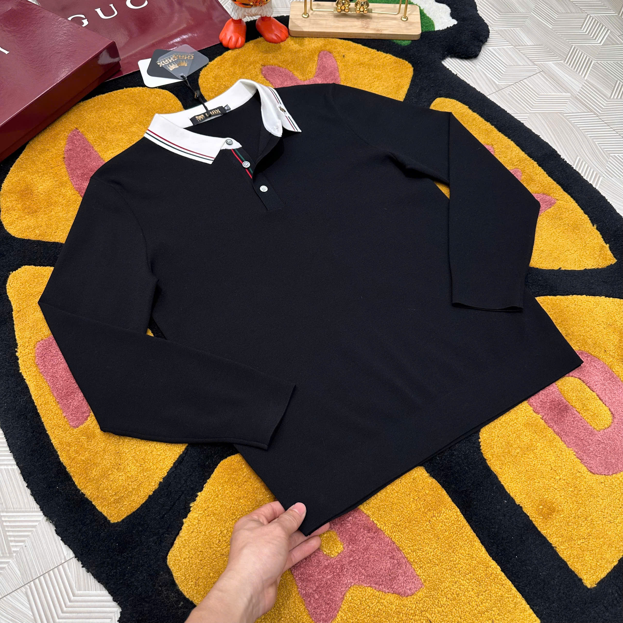 Áo polo len dài tay Dior CD logo thêu check cổ kẻ sọc Like Auth 48-52 MK