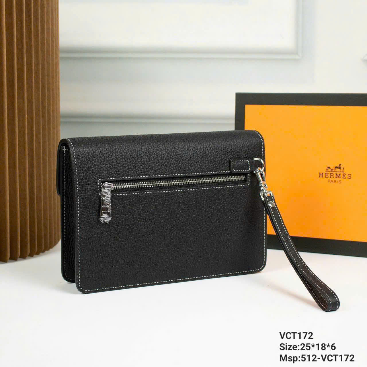 Túi ví Clutch nắp gập Hermes HM Đen sần viền chỉ Trắng Like Auth 27x16x7 DDT