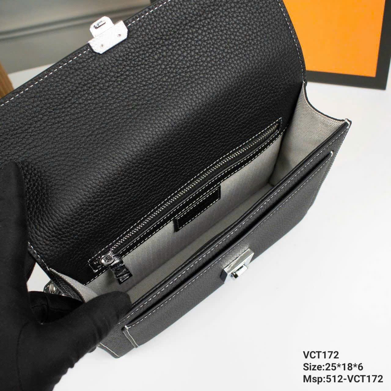 Túi ví Clutch nắp gập Hermes HM Đen sần viền chỉ Trắng Like Auth 27x16x7 DDT