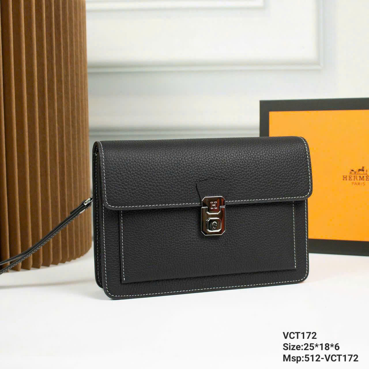Túi ví Clutch nắp gập Hermes HM Đen sần viền chỉ Trắng Like Auth 27x16x7 DDT
