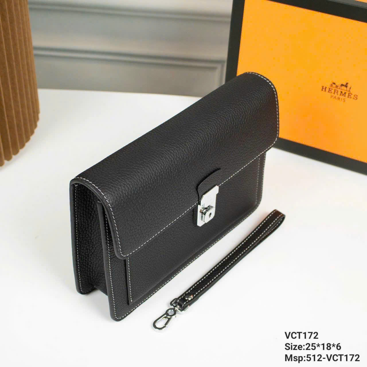 Túi ví Clutch nắp gập Hermes HM Đen sần viền chỉ Trắng Like Auth 27x16x7 DDT