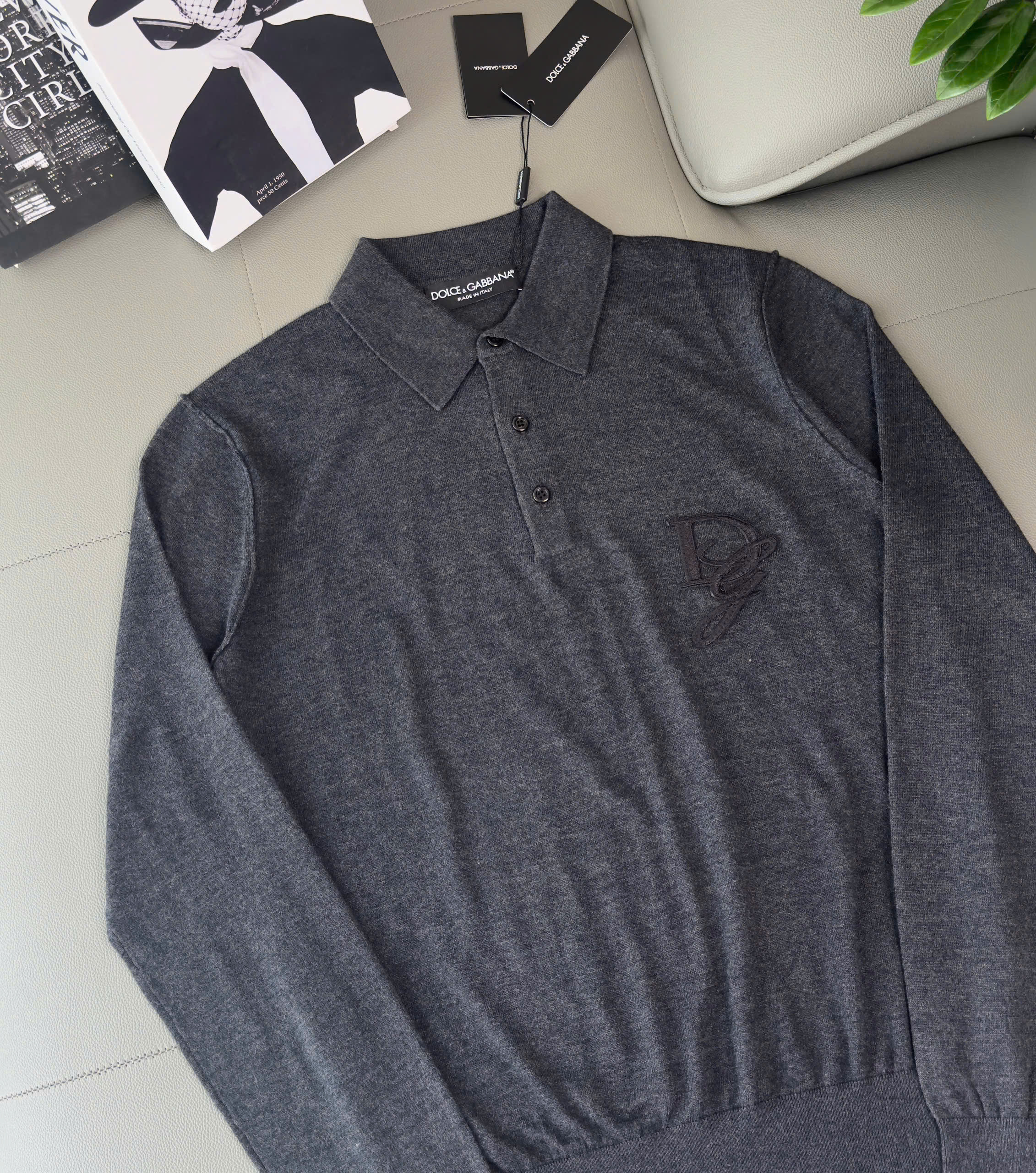 Áo polo len monghito dài tay Dior CD Xám đậm logo thêu ngực Like Auth 44-50 DDT