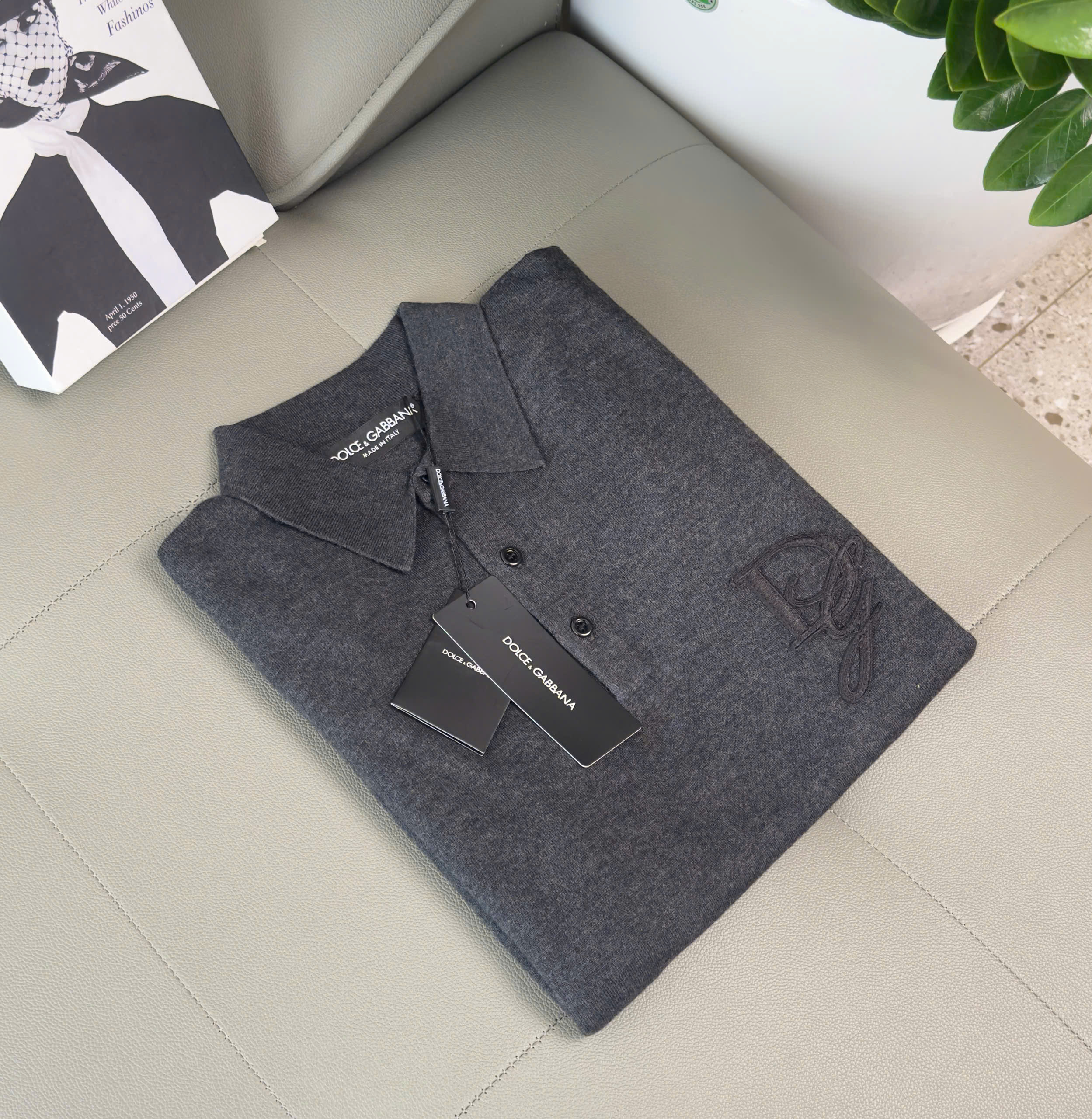 Áo polo len monghito dài tay Dior CD Xám đậm logo thêu ngực Like Auth 44-50 DDT