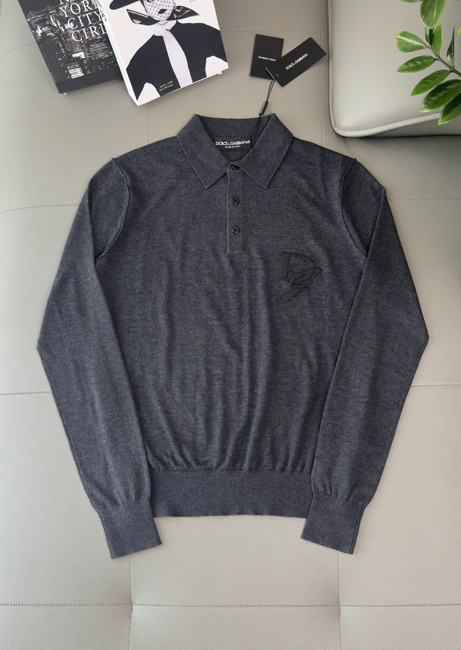 Áo polo len monghito dài tay Dior CD Xám đậm logo thêu ngực Like Auth 44-50 DDT