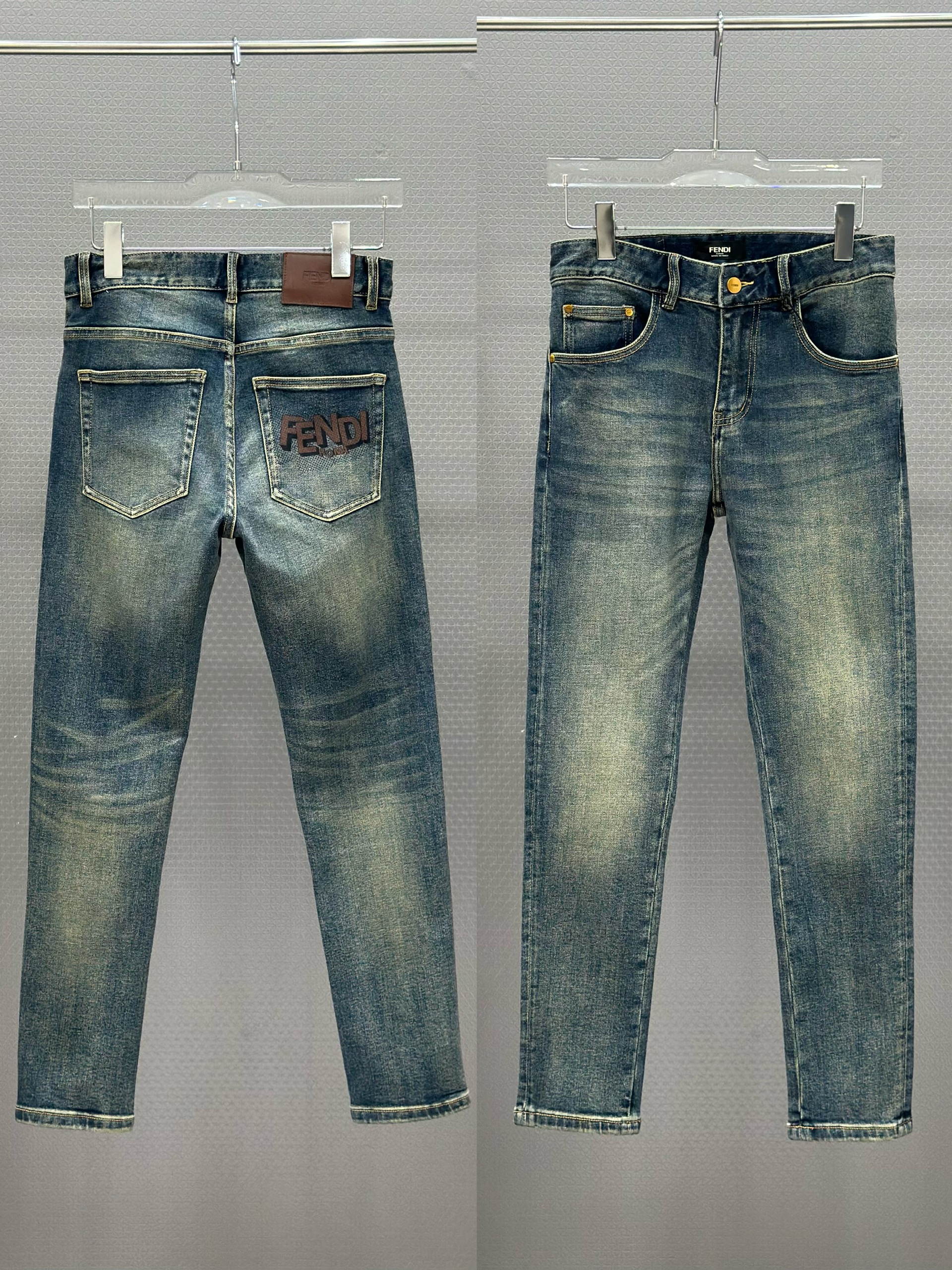 Quần bò jean Fendi Xanh logo thêu túi sau chữ Nâu Like AUth 28-34 VTN