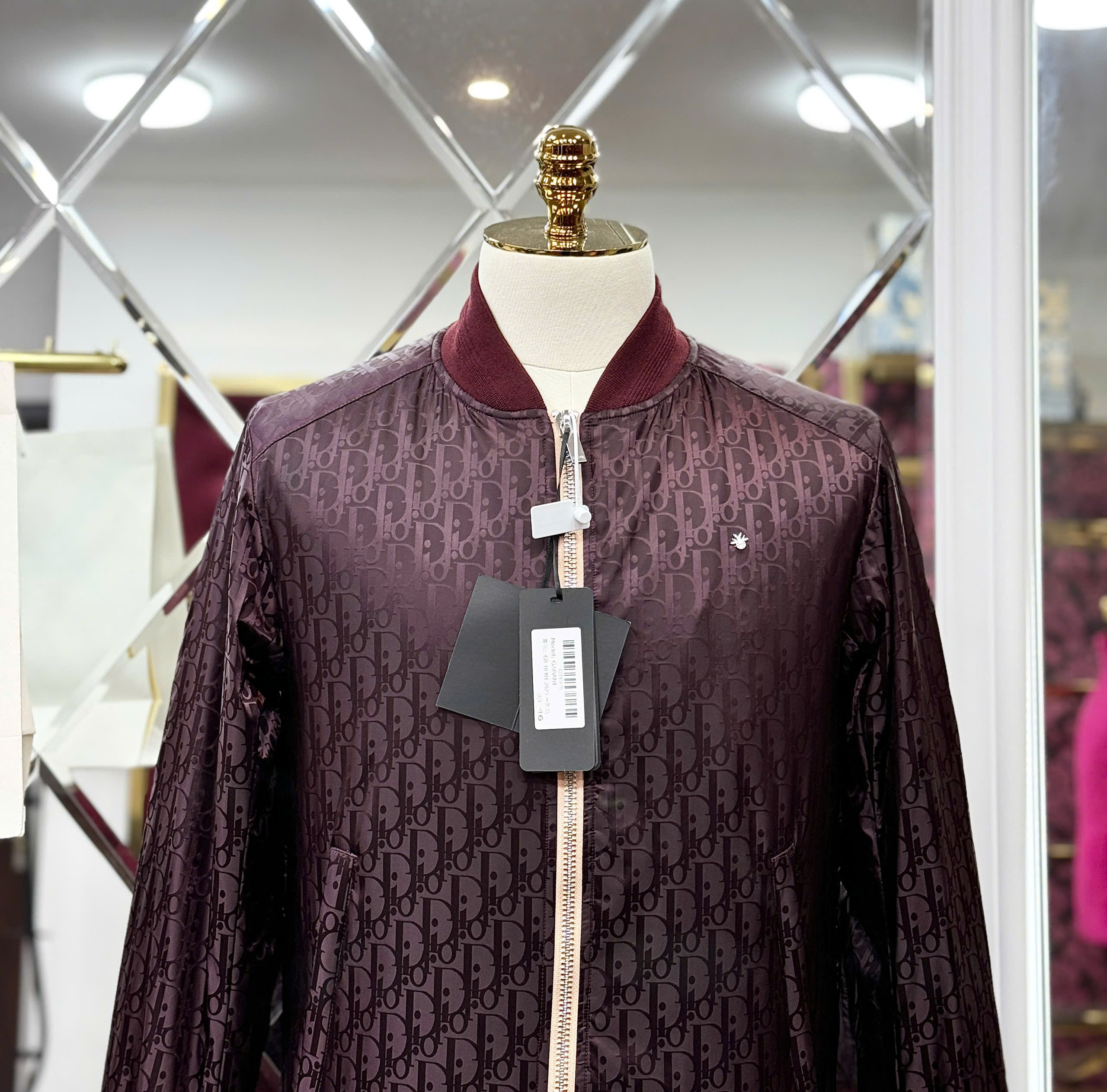 Áo khoác bomber Dior CD đen bóng họa tiết Obique Like Auth 44-50 MK CD