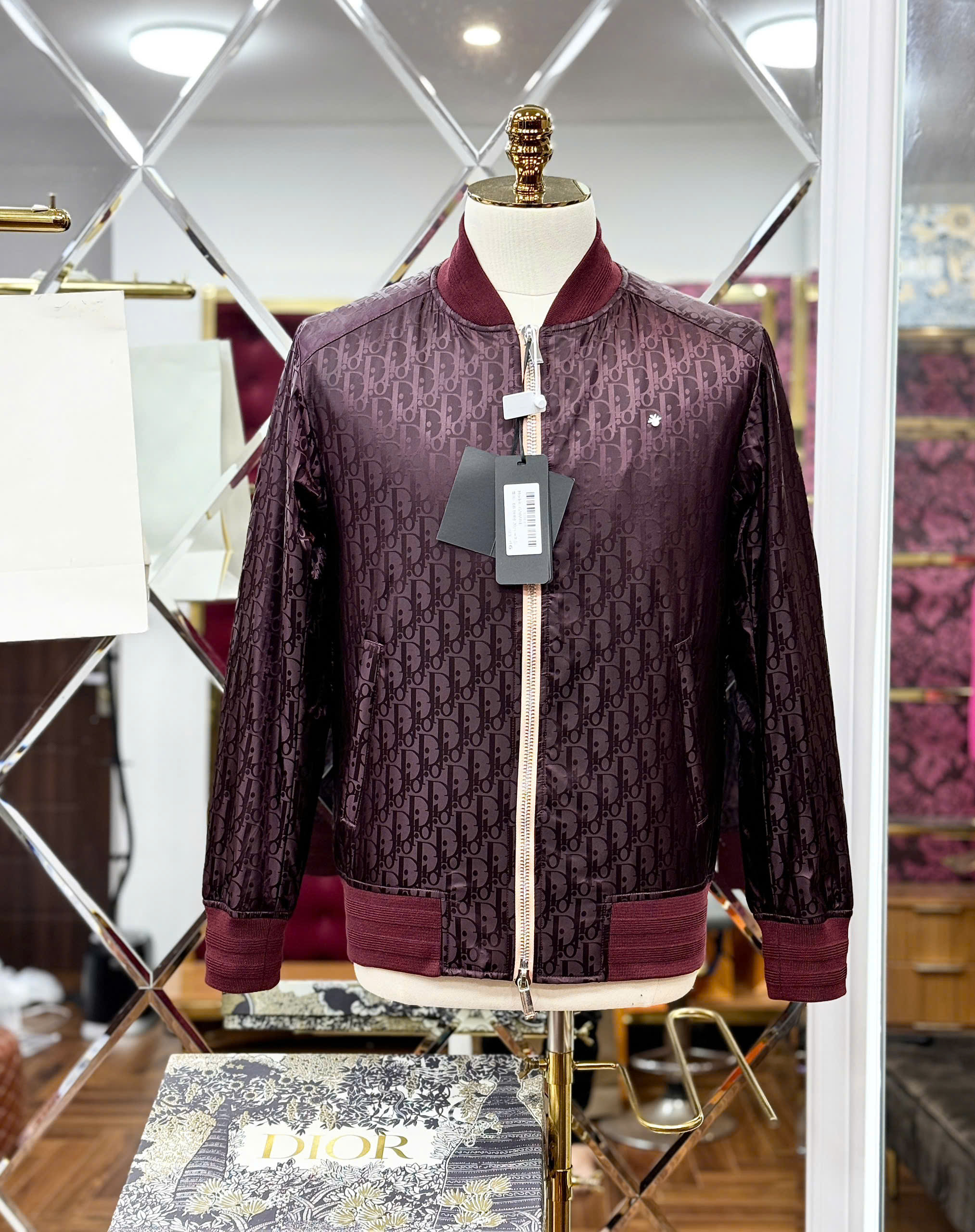 Áo khoác bomber Dior CD đen bóng họa tiết Obique Like Auth 44-50 MK CD