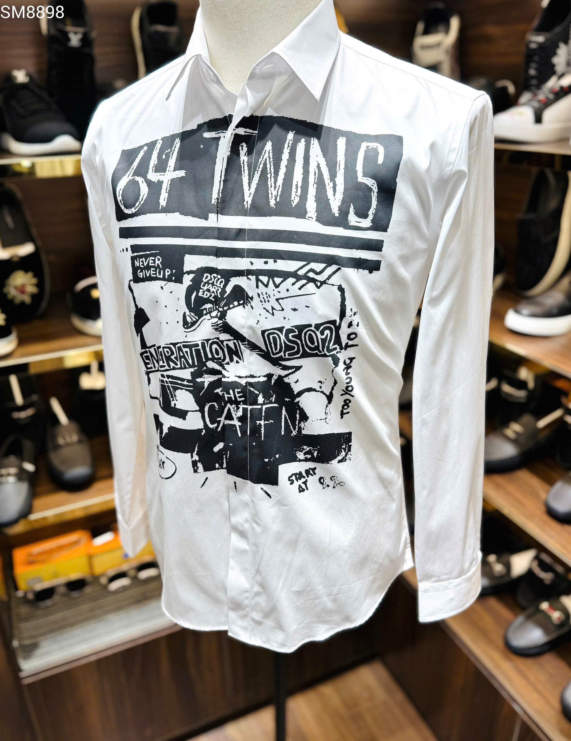 Áo sơ mi dài tay Dsquared2 DSQ2 Trắng họa tiết 64 Twins ngực Liike Auth on web MK