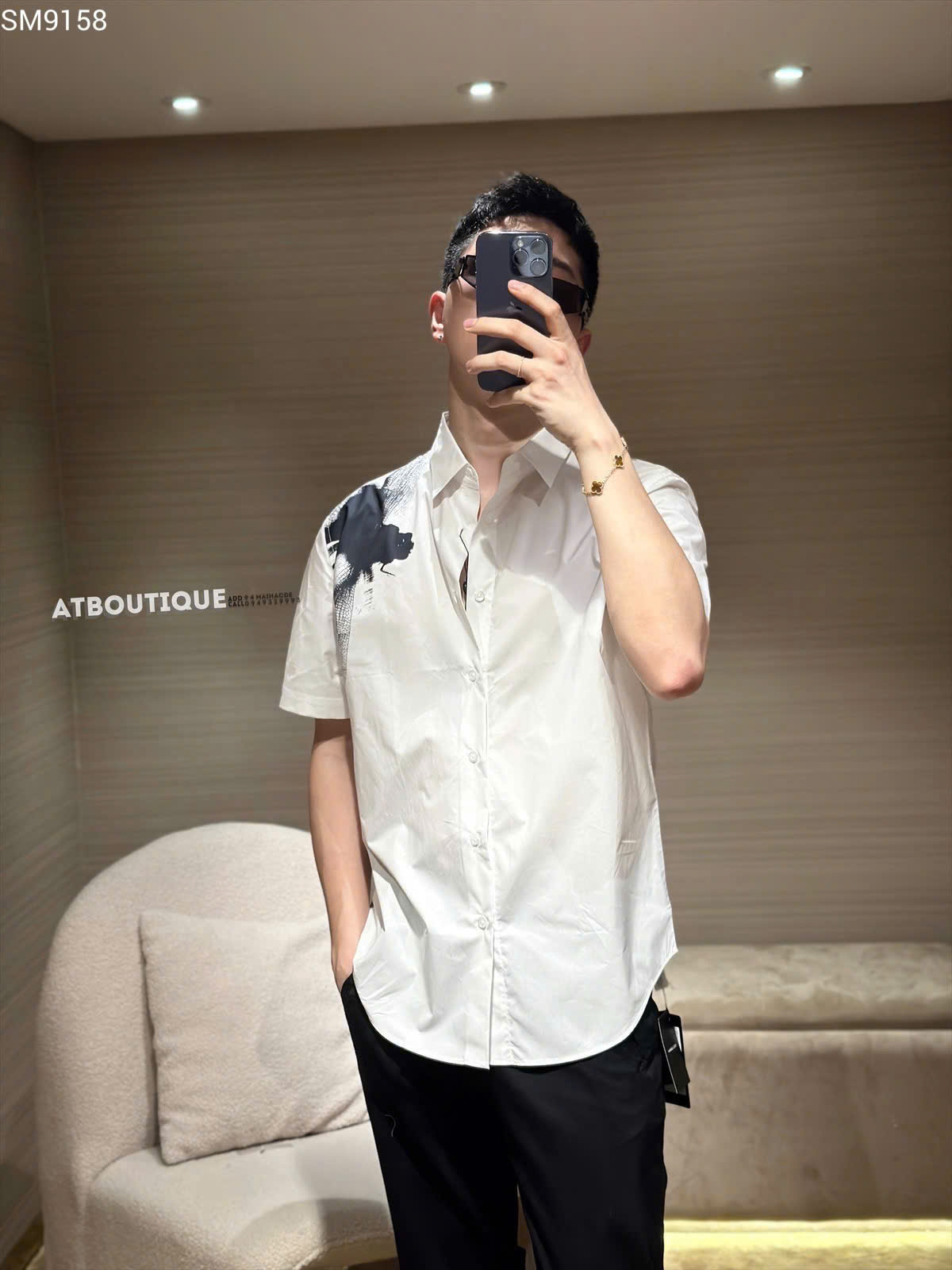 Áo sơ mi cộc tay McQueen MCQ Trắng họa tiết chuồn chuồn Đen vai Like Auth on web MK