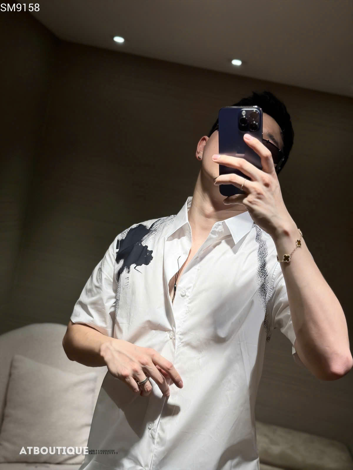 Áo sơ mi cộc tay McQueen MCQ Trắng họa tiết chuồn chuồn Đen vai Like Auth on web MK