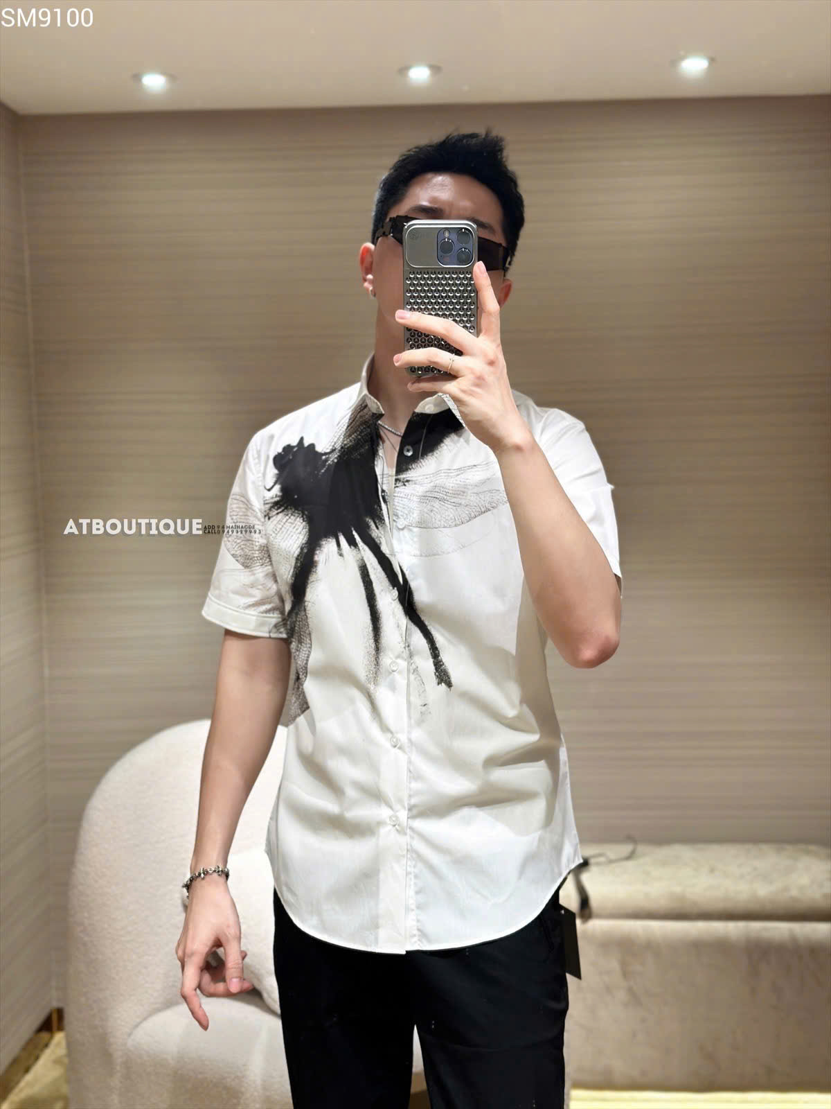 Áo sơ mi cộc tay McQueen MCQ Trắng họa tiết chuồn chuồn Đen ngực Like Auth on web MK