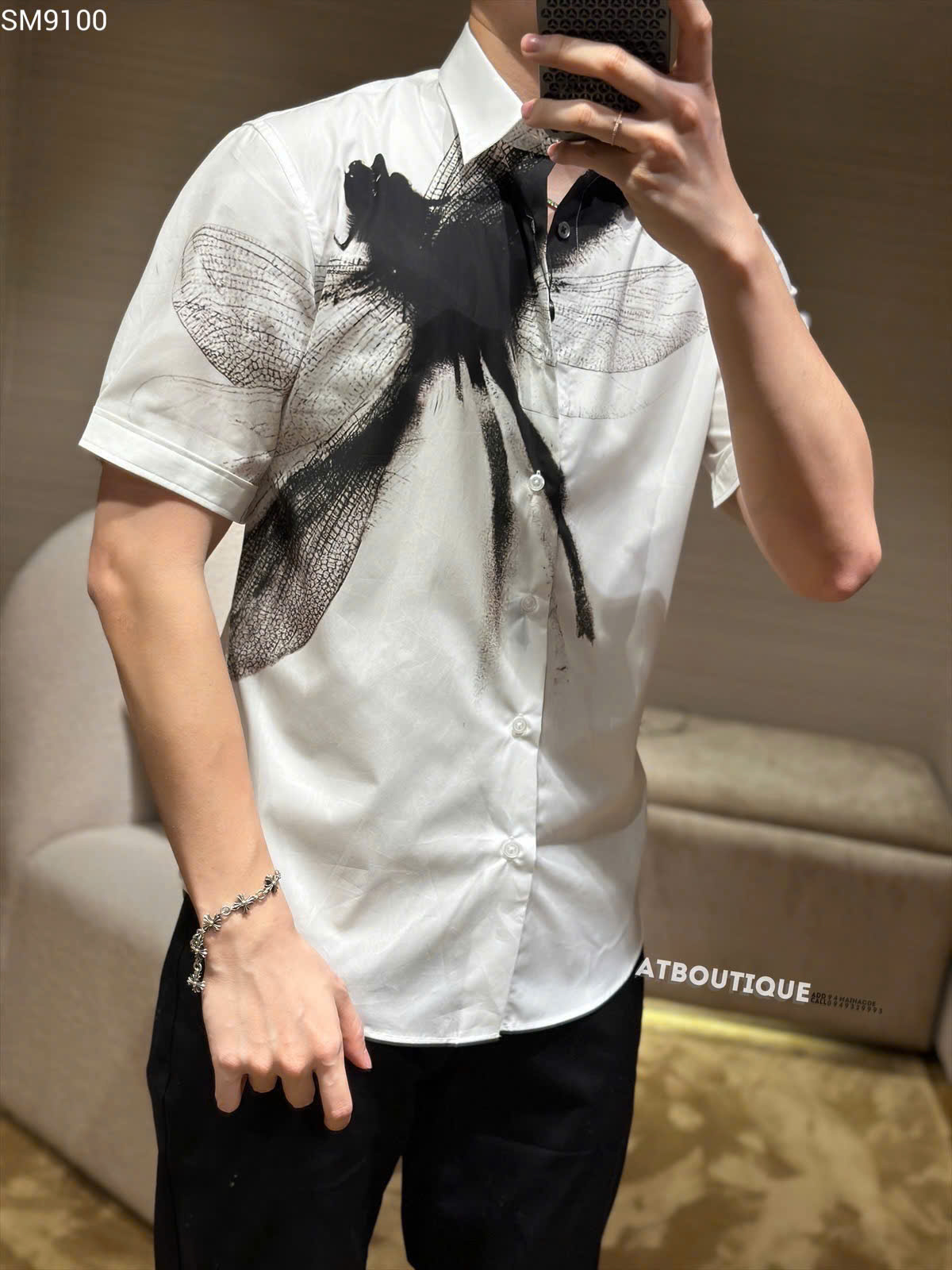 Áo sơ mi cộc tay McQueen MCQ Trắng họa tiết chuồn chuồn Đen ngực Like Auth on web MK