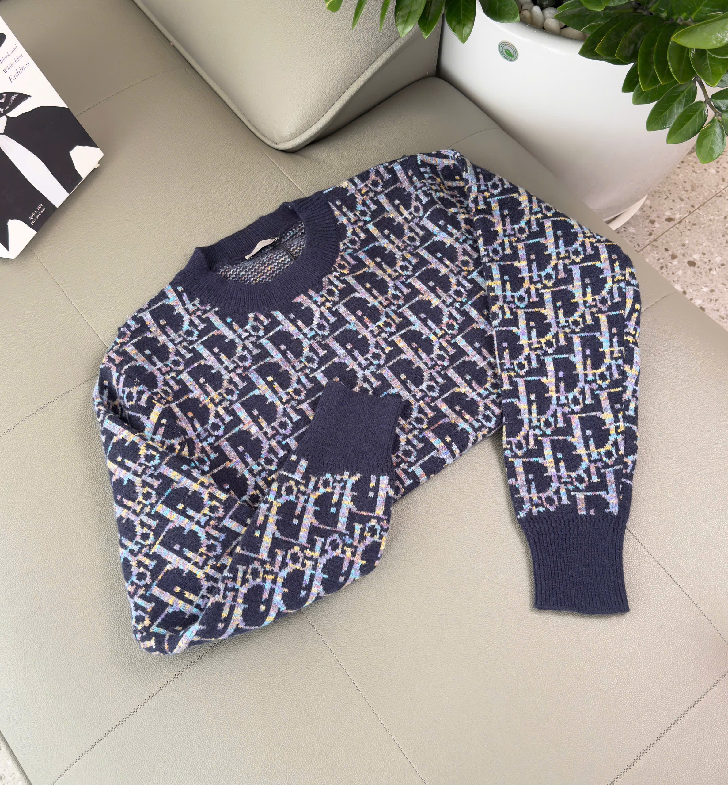 Áo sweater len Dior CD Xanh họa tiết Obique full bo cạp Like Auth XS-M DDT