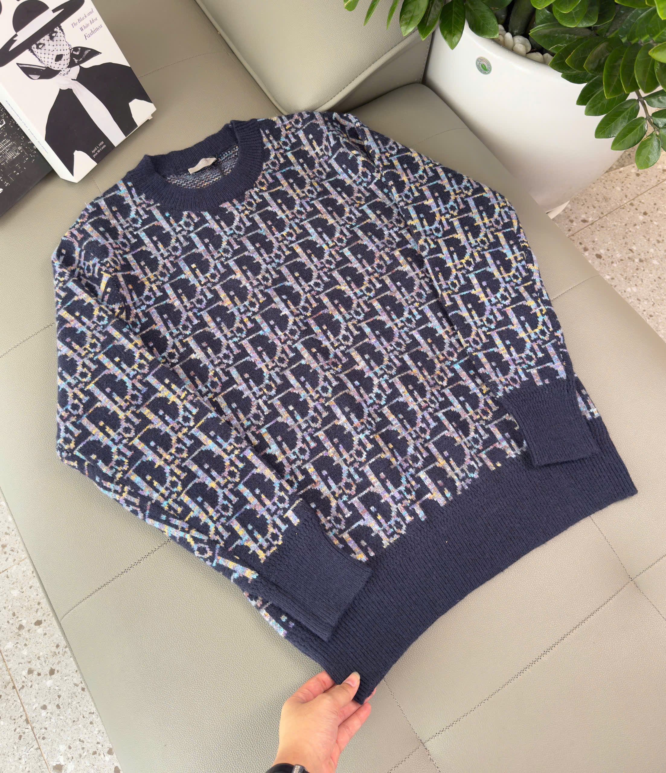 Áo sweater len Dior CD Xanh họa tiết Obique full bo cạp Like Auth XS-M DDT