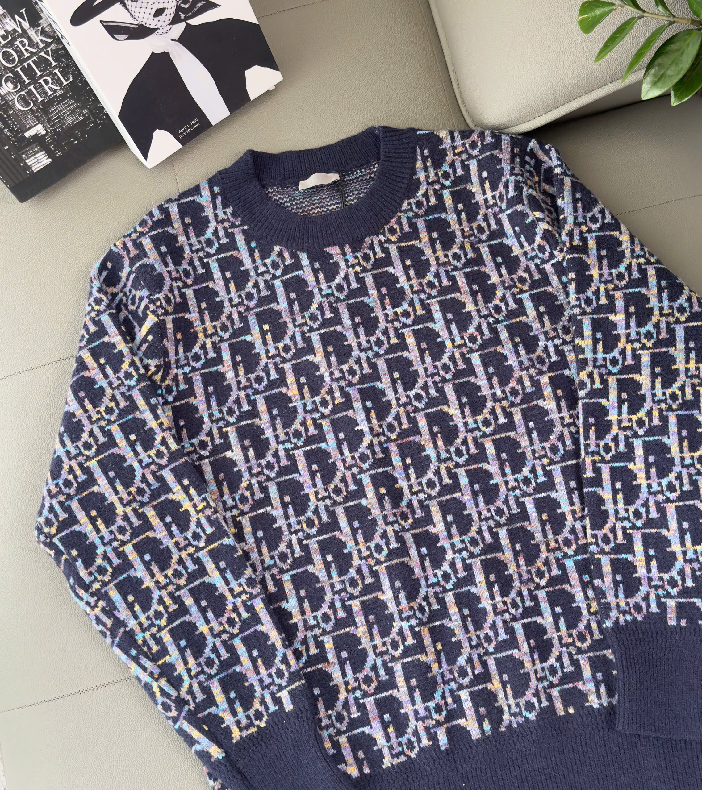 Áo sweater len Dior CD Xanh họa tiết Obique full bo cạp Like Auth XS-M DDT