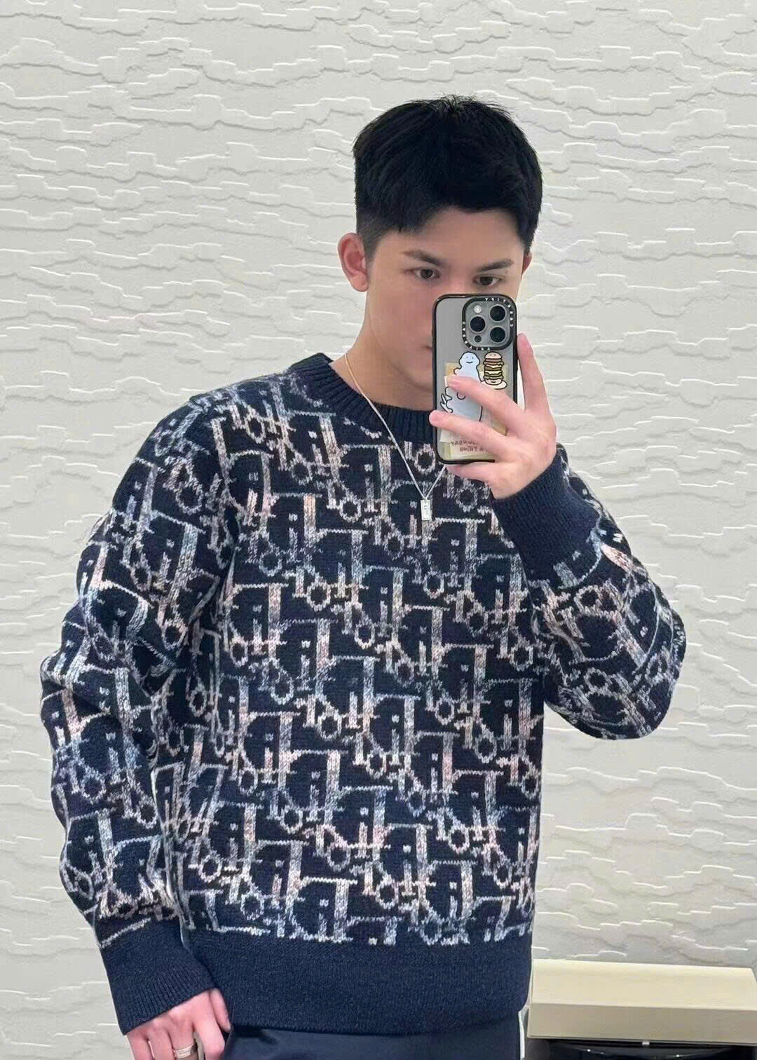 Áo sweater len Dior CD Xanh họa tiết Obique full bo cạp Like Auth XS-M DDT