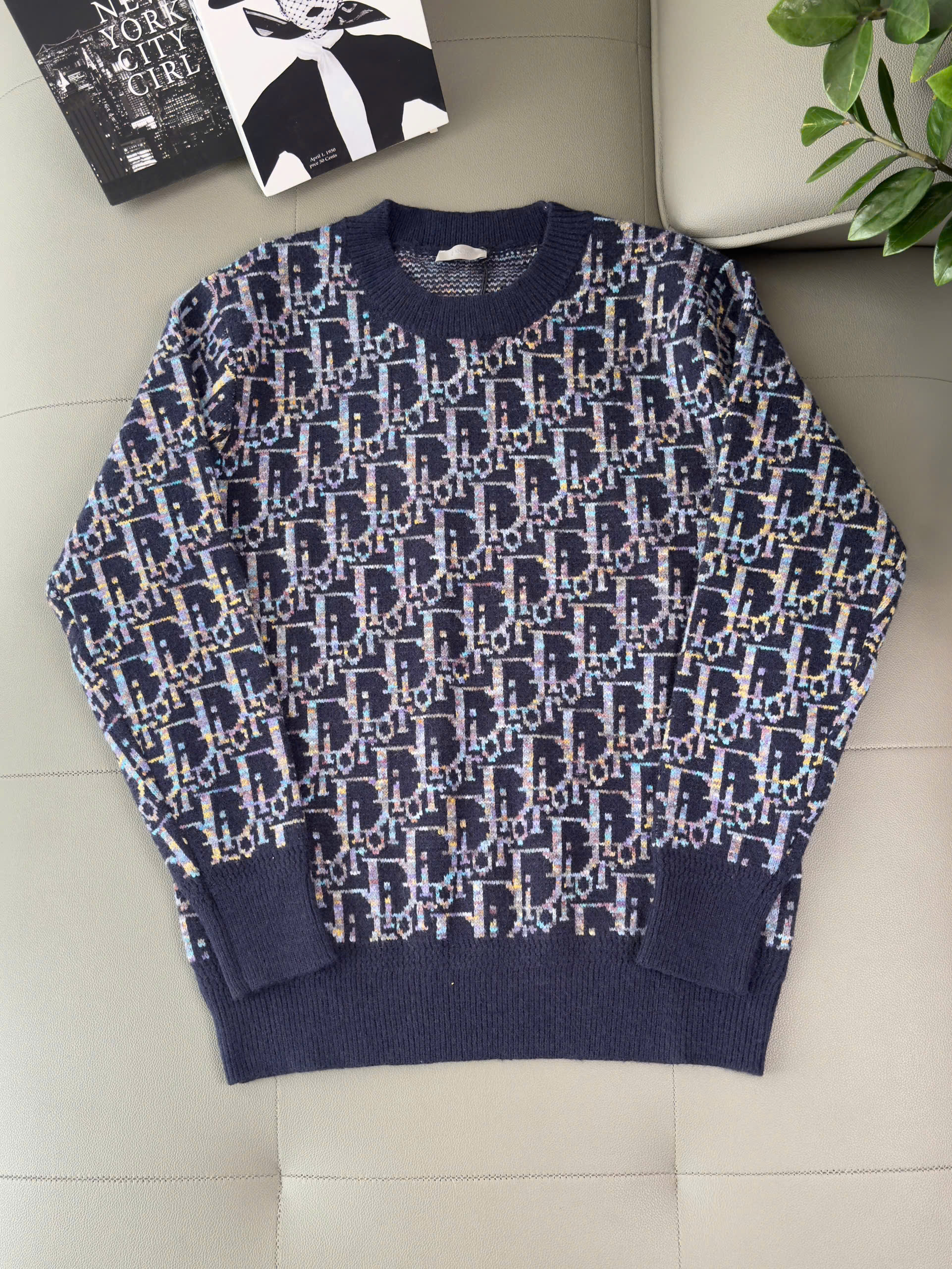 Áo sweater len Dior CD Xanh họa tiết Obique full bo cạp Like Auth XS-M DDT