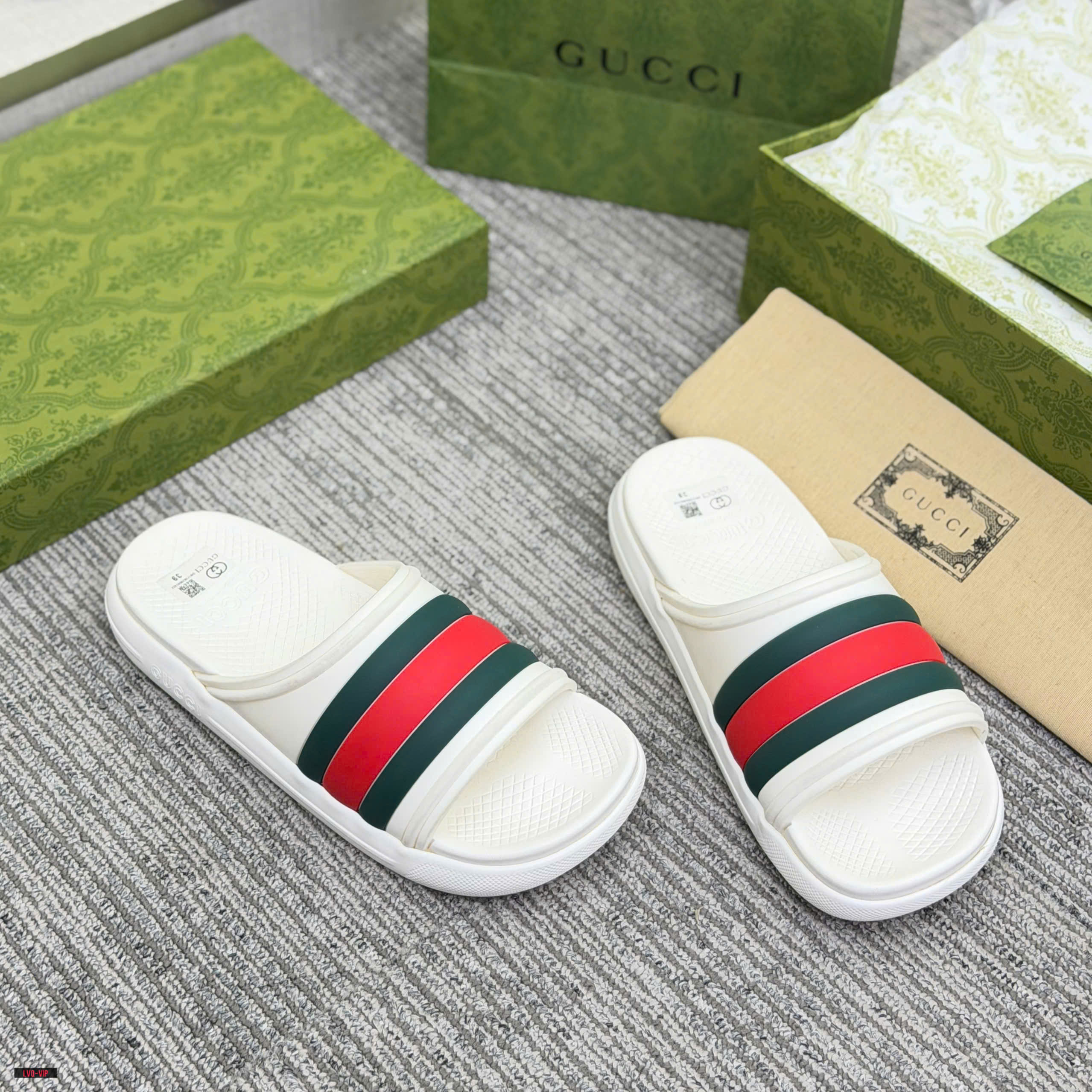 Dép lê Gucci GC Trắng bánh mỳ kẻ sọc Xanh Đỏ Like Auth 38-43 LVQ