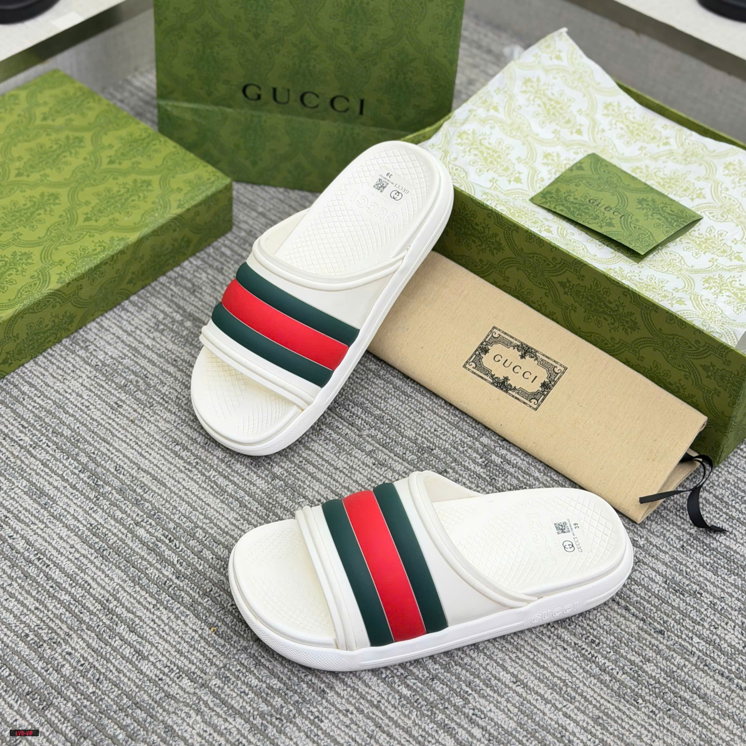 Dép lê Gucci GC Trắng bánh mỳ kẻ sọc Xanh Đỏ Like Auth 38-43 LVQ