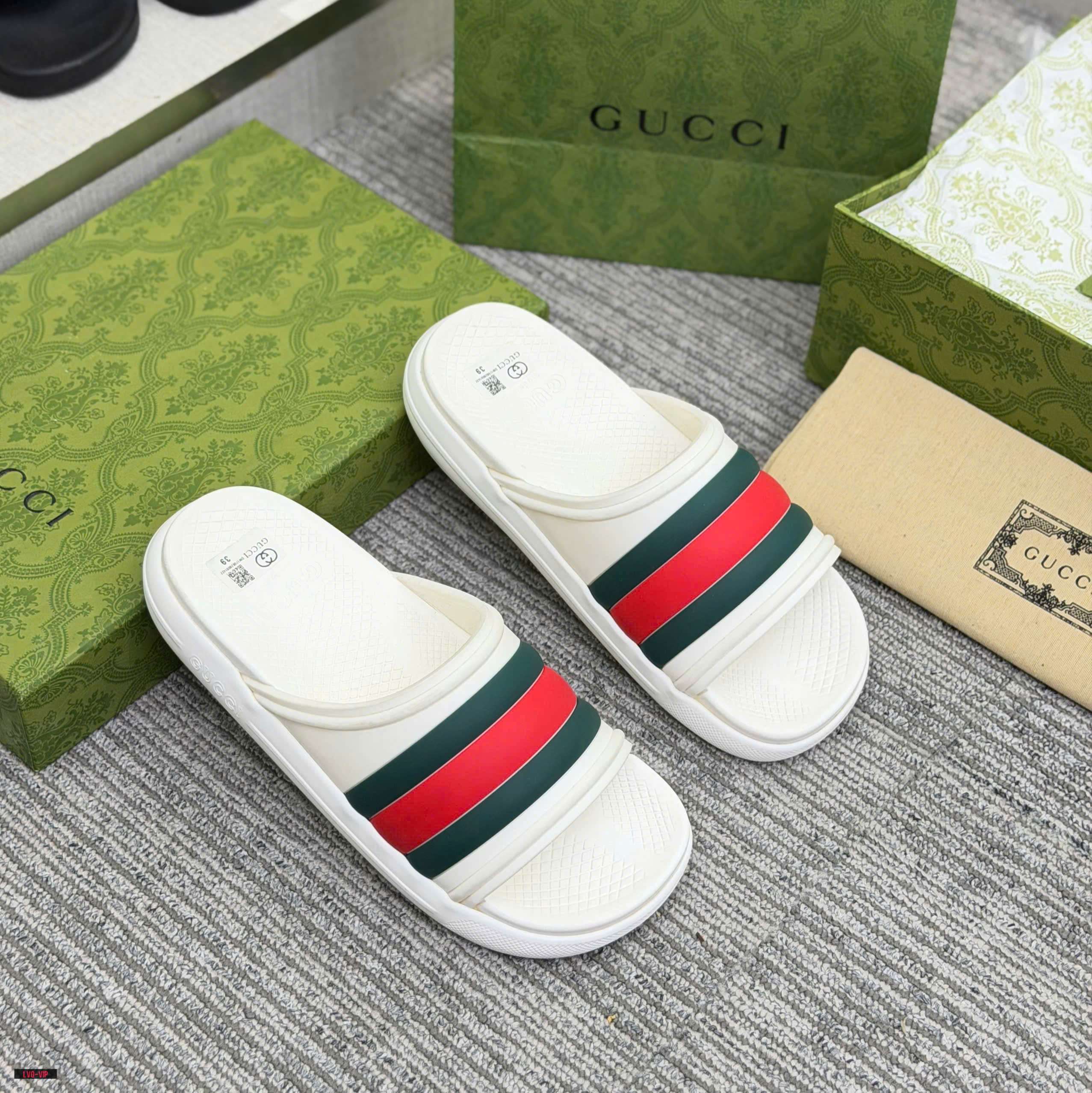 Dép lê Gucci GC Trắng bánh mỳ kẻ sọc Xanh Đỏ Like Auth 38-43 LVQ