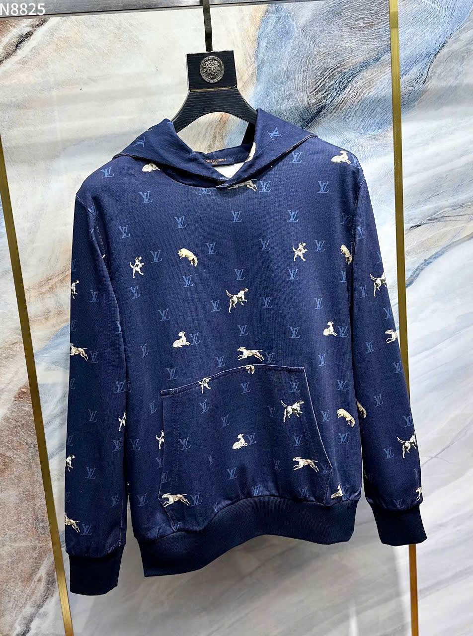 Áo hoodie nỉ Louis Vuitton Xanh than túi bụng họa tiết logo phối hình Cún Like Auth XS-L LK