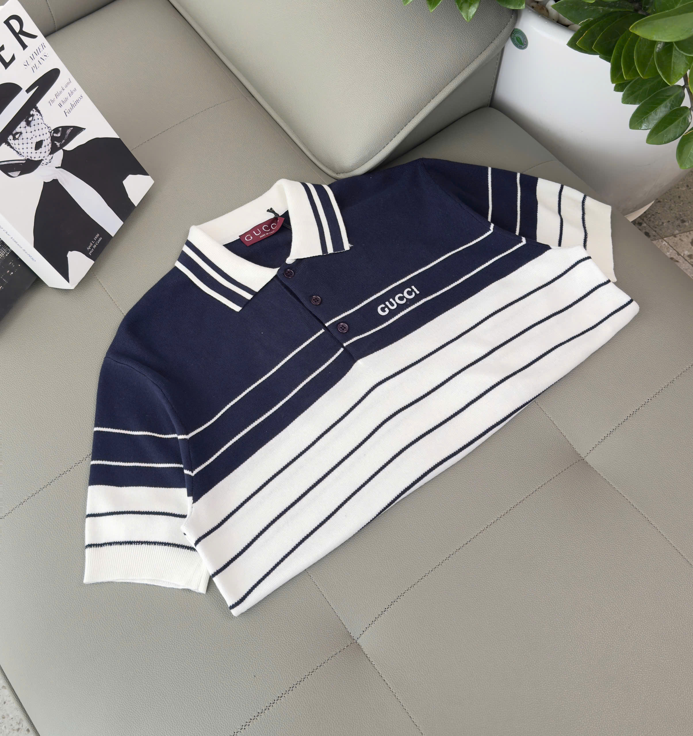 Áo polo Gucci GC Xanh than phối Trắng kẻ nhiều sọc ngang Like Auth XS-M DDT