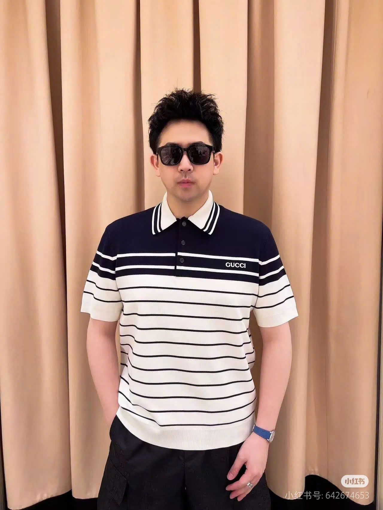 Áo polo Gucci GC Xanh than phối Trắng kẻ nhiều sọc ngang Like Auth XS-M DDT