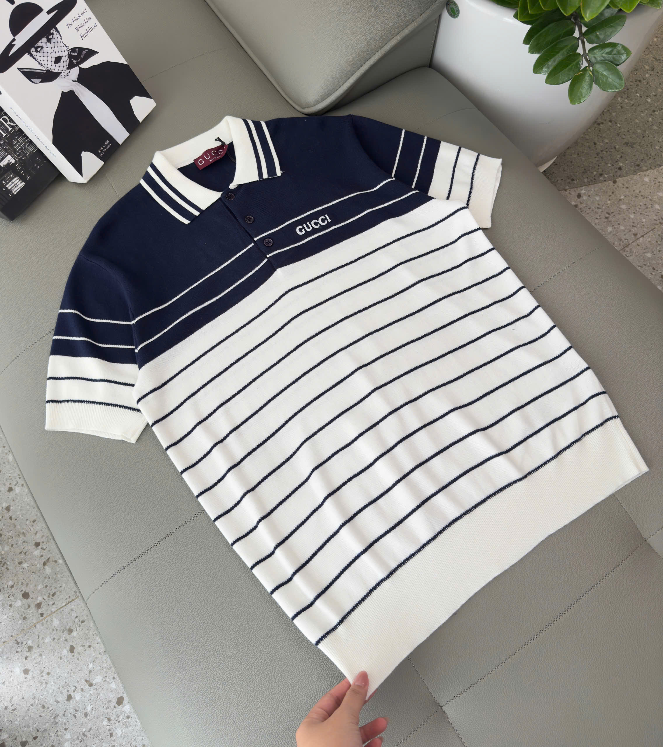 Áo polo Gucci GC Xanh than phối Trắng kẻ nhiều sọc ngang Like Auth XS-M DDT