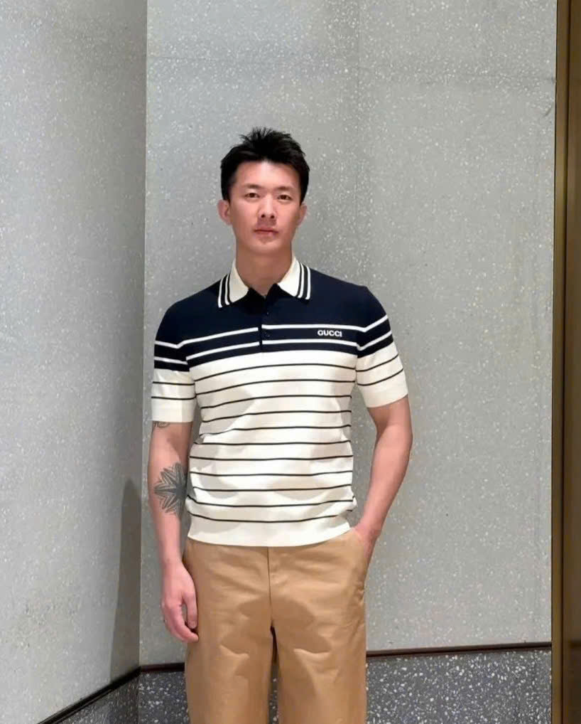 Áo polo Gucci GC Xanh than phối Trắng kẻ nhiều sọc ngang Like Auth XS-M DDT