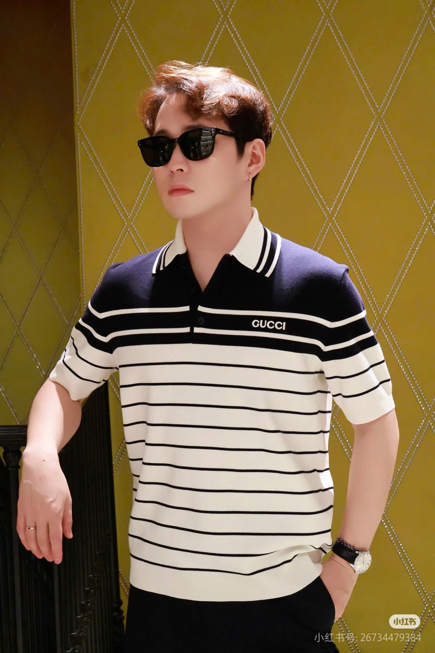 Áo polo Gucci GC Xanh than phối Trắng kẻ nhiều sọc ngang Like Auth XS-M DDT