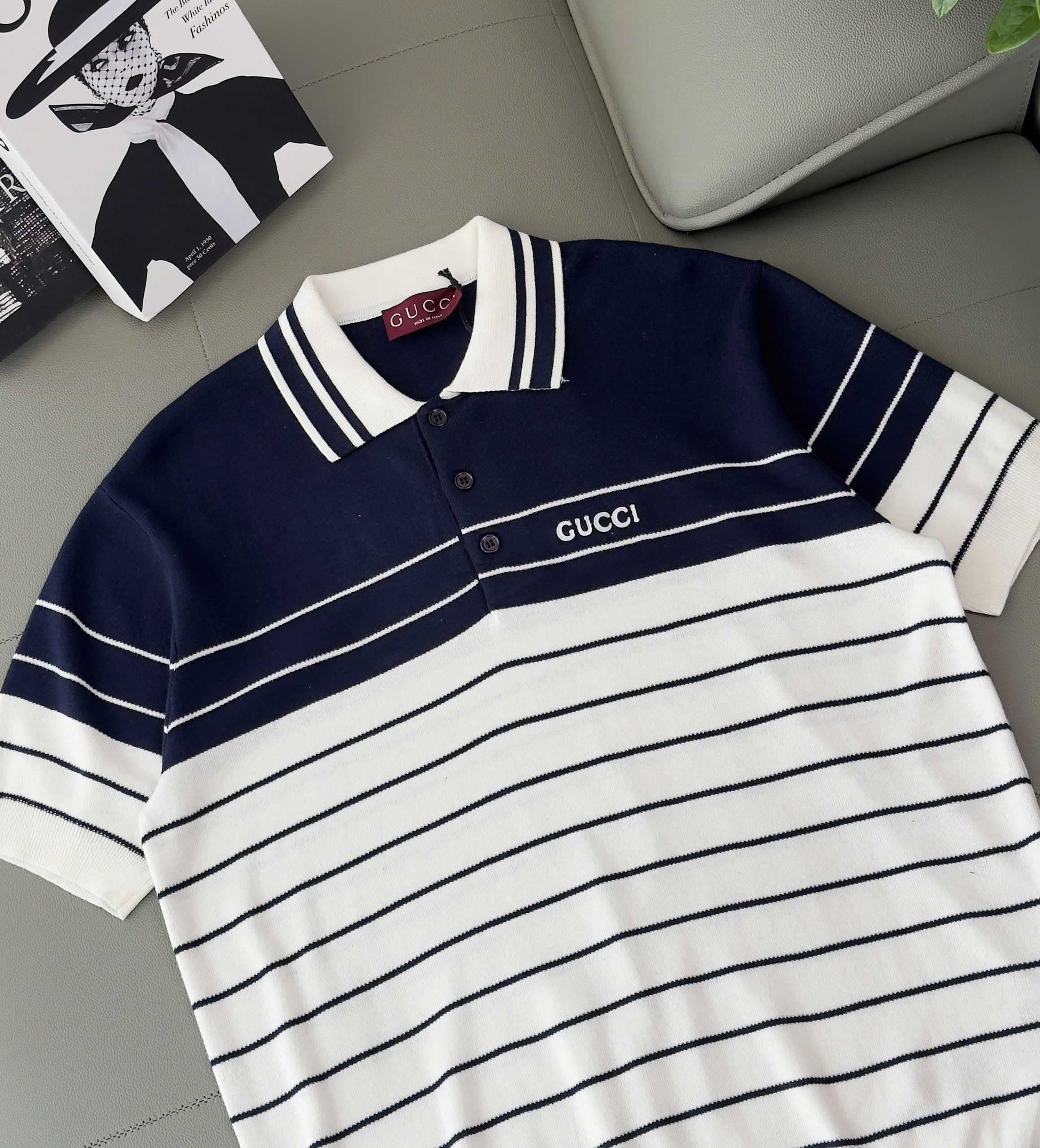 Áo polo Gucci GC Xanh than phối Trắng kẻ nhiều sọc ngang Like Auth XS-M DDT