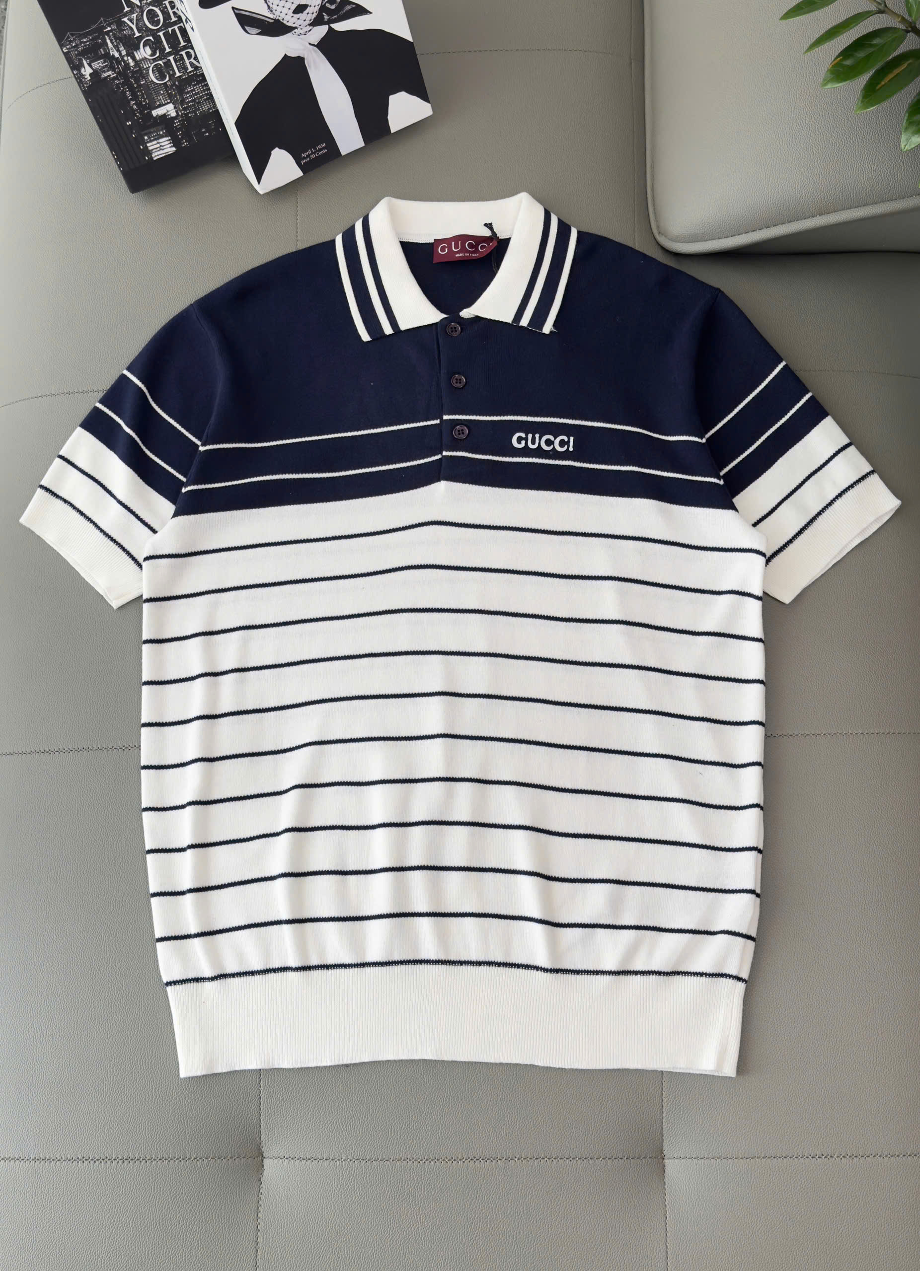 Áo polo Gucci GC Xanh than phối Trắng kẻ nhiều sọc ngang Like Auth XS-M DDT