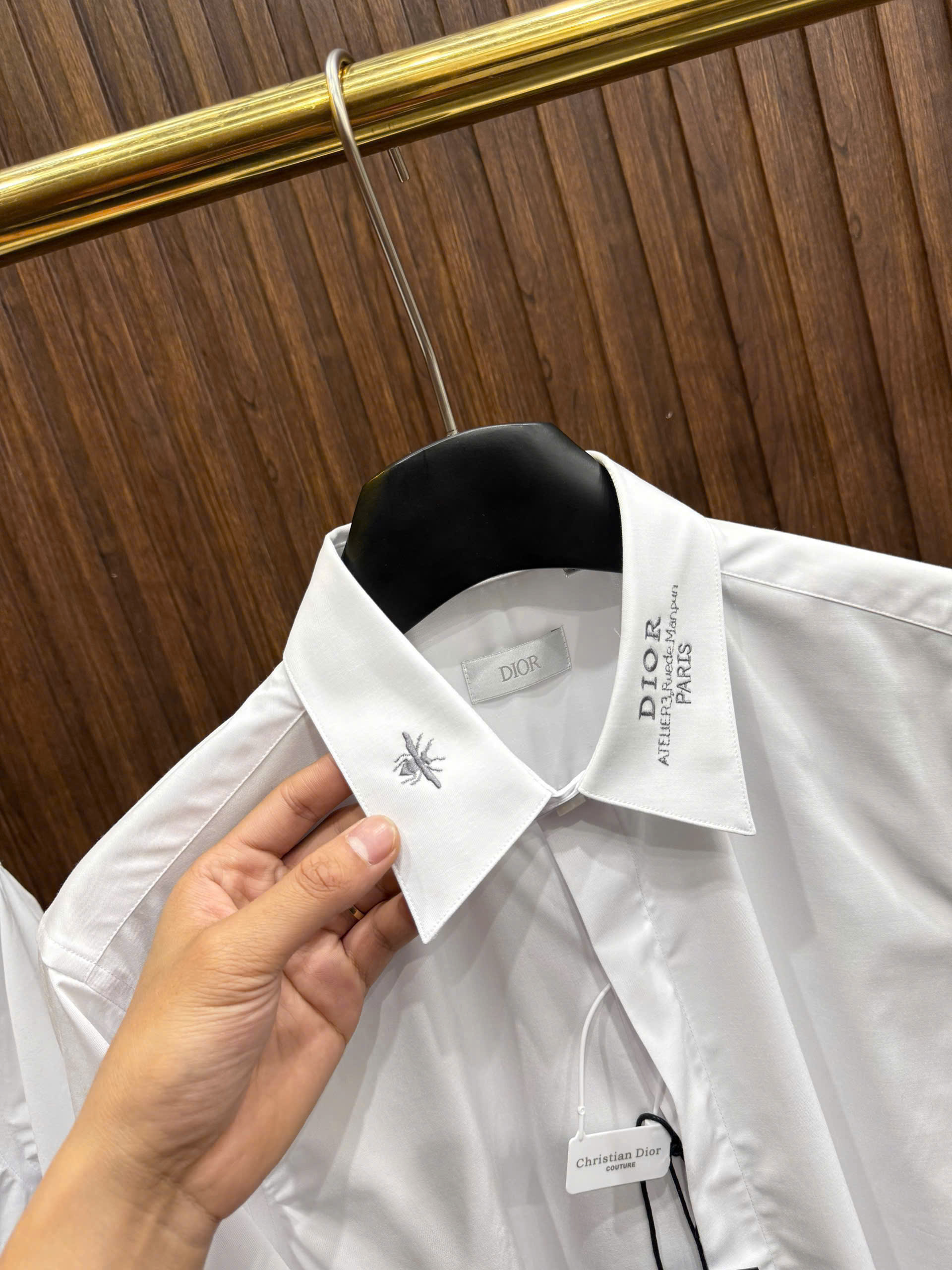 Áo sơ mi Dior CD Trắng logo check cổ thêu Ong Like AUth S-XL MK