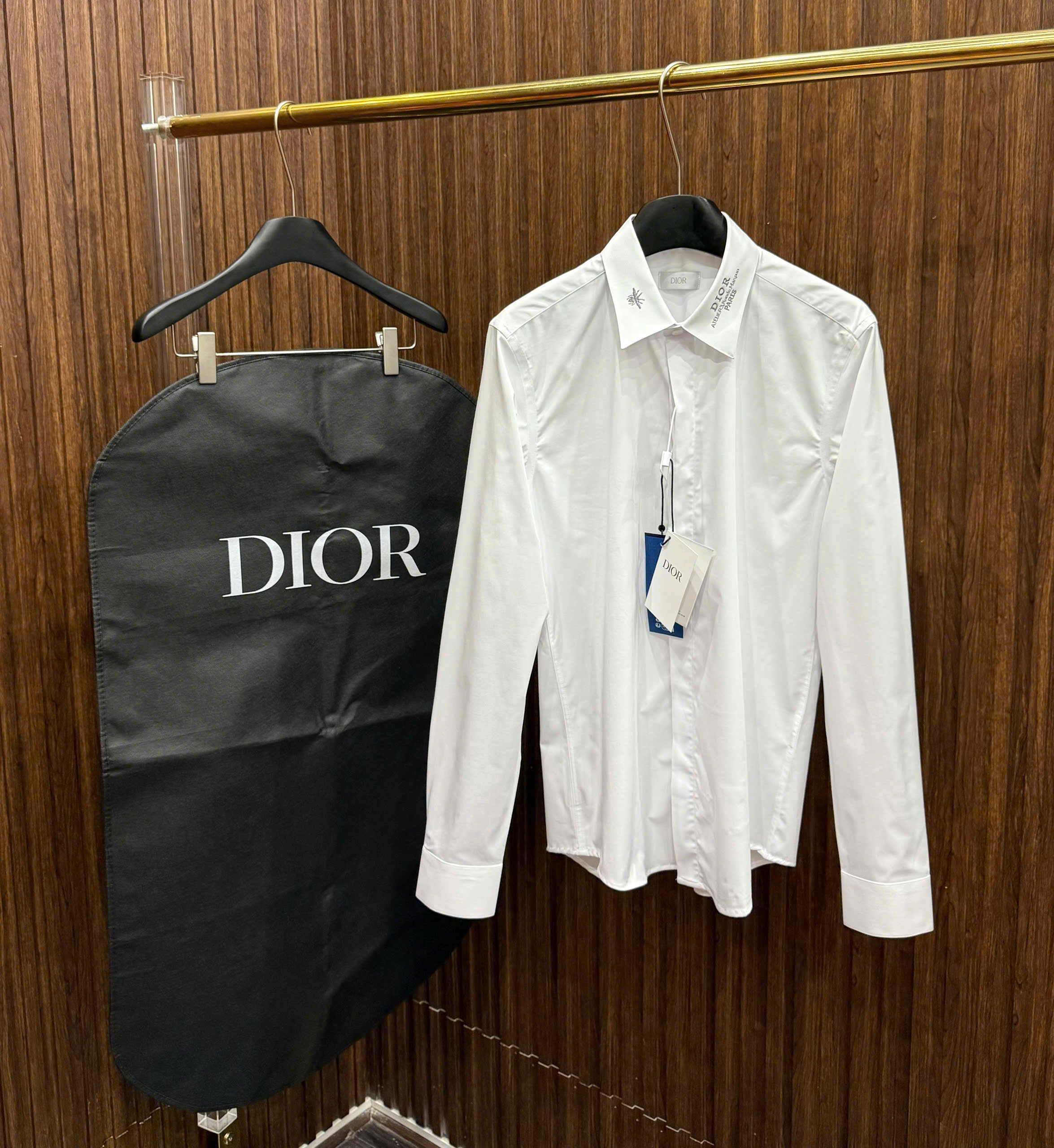 Áo sơ mi Dior CD Trắng logo check cổ thêu Ong Like AUth S-XL MK