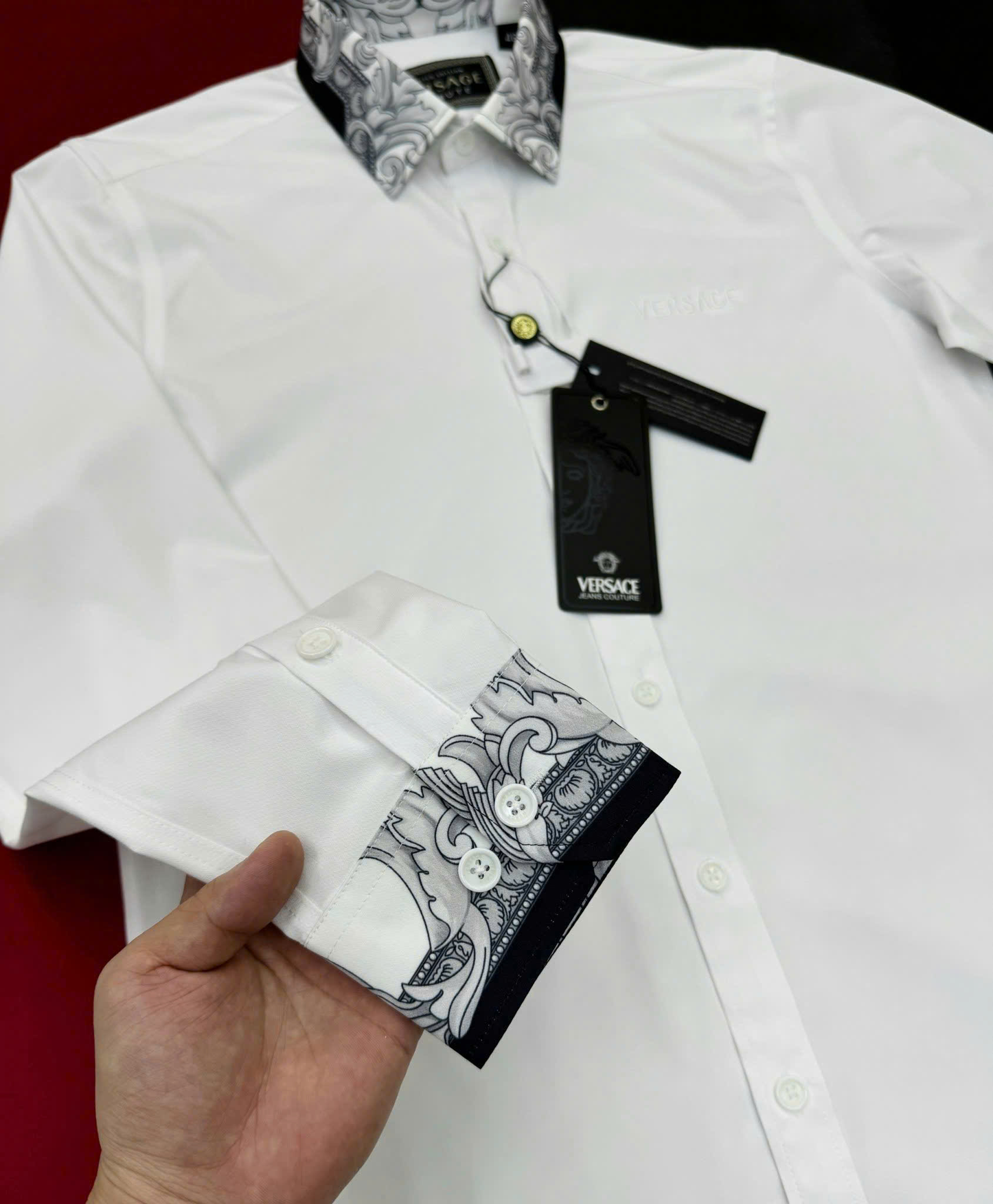 Áo sơ mi Versace VS Trắng check họa tiết tay cổ Like Auth S-XL MK