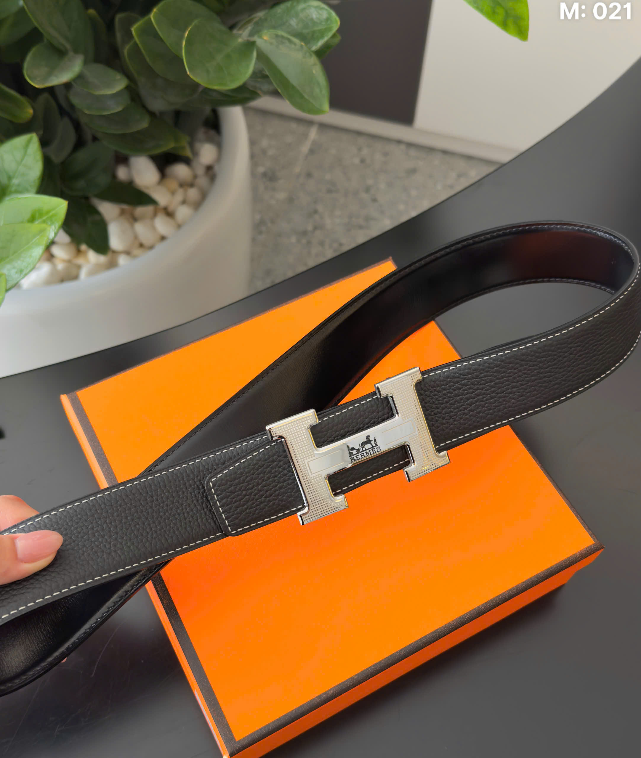 Thắt lưng dây nịt Hermes HM Đen mặt Bạc chữ H in logo Like Auth 85-110cm DDT