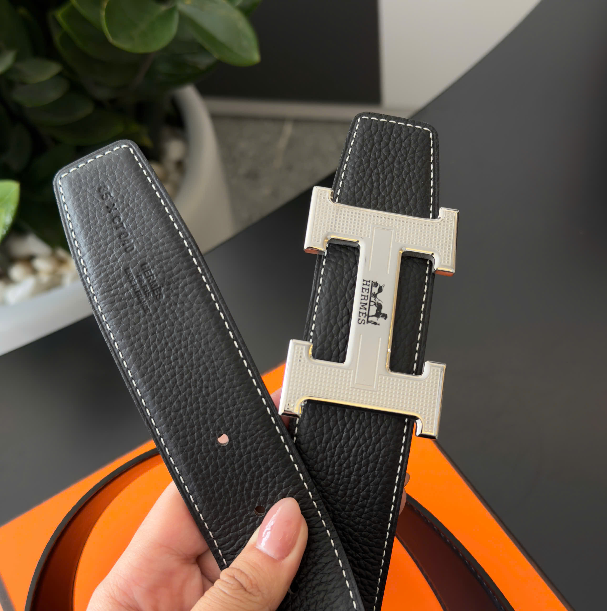 Thắt lưng dây nịt Hermes HM Đen mặt Bạc chữ H in logo Like Auth 85-110cm DDT