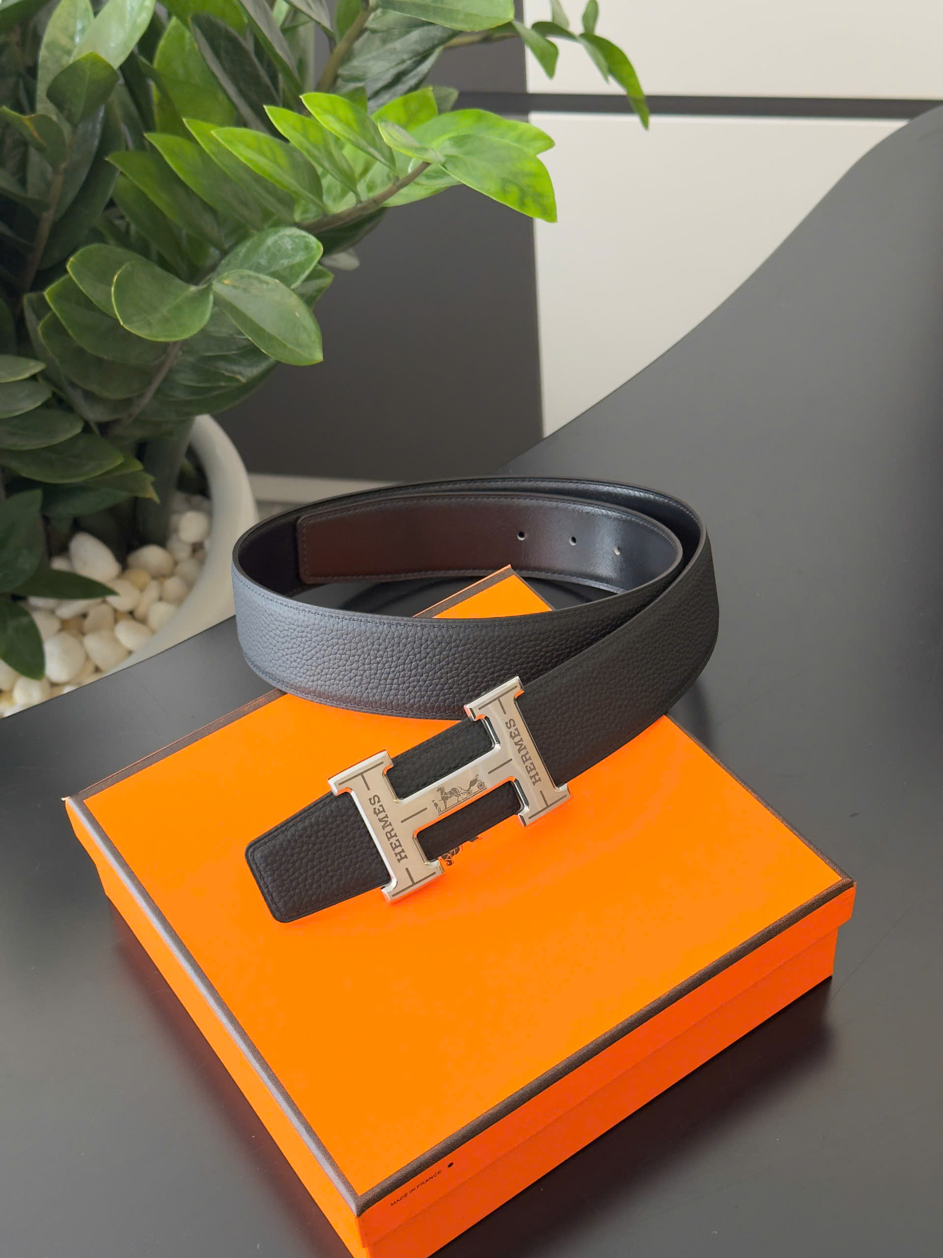 Thắt lưng dây nịt Hermes HM Đen mặt Vàng chữ H in logo Like Auth 85-110cm DDT