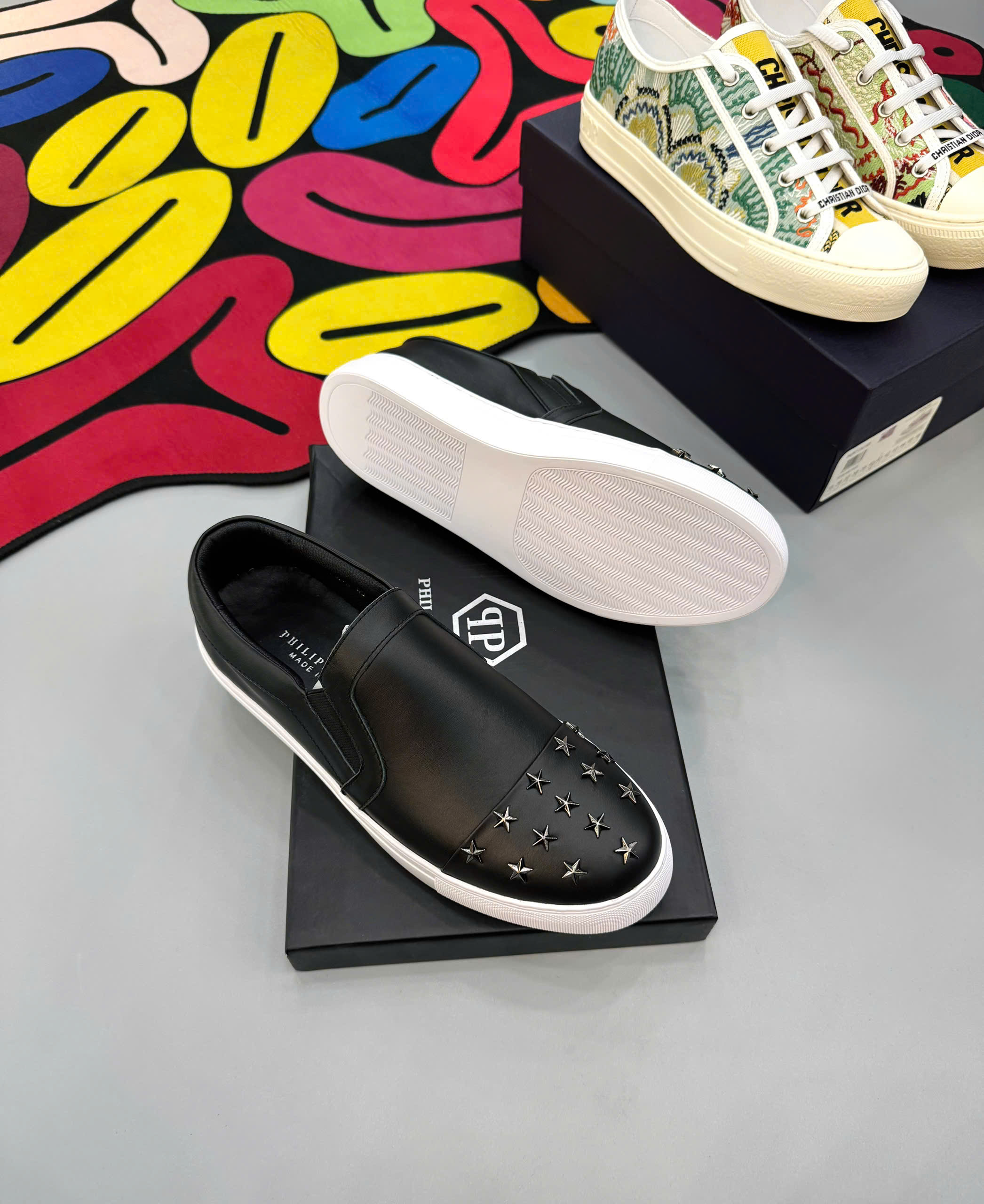 Giày slipon Phillip Plein Đen trơn mũi đính sao Like Auth 38-43 MK